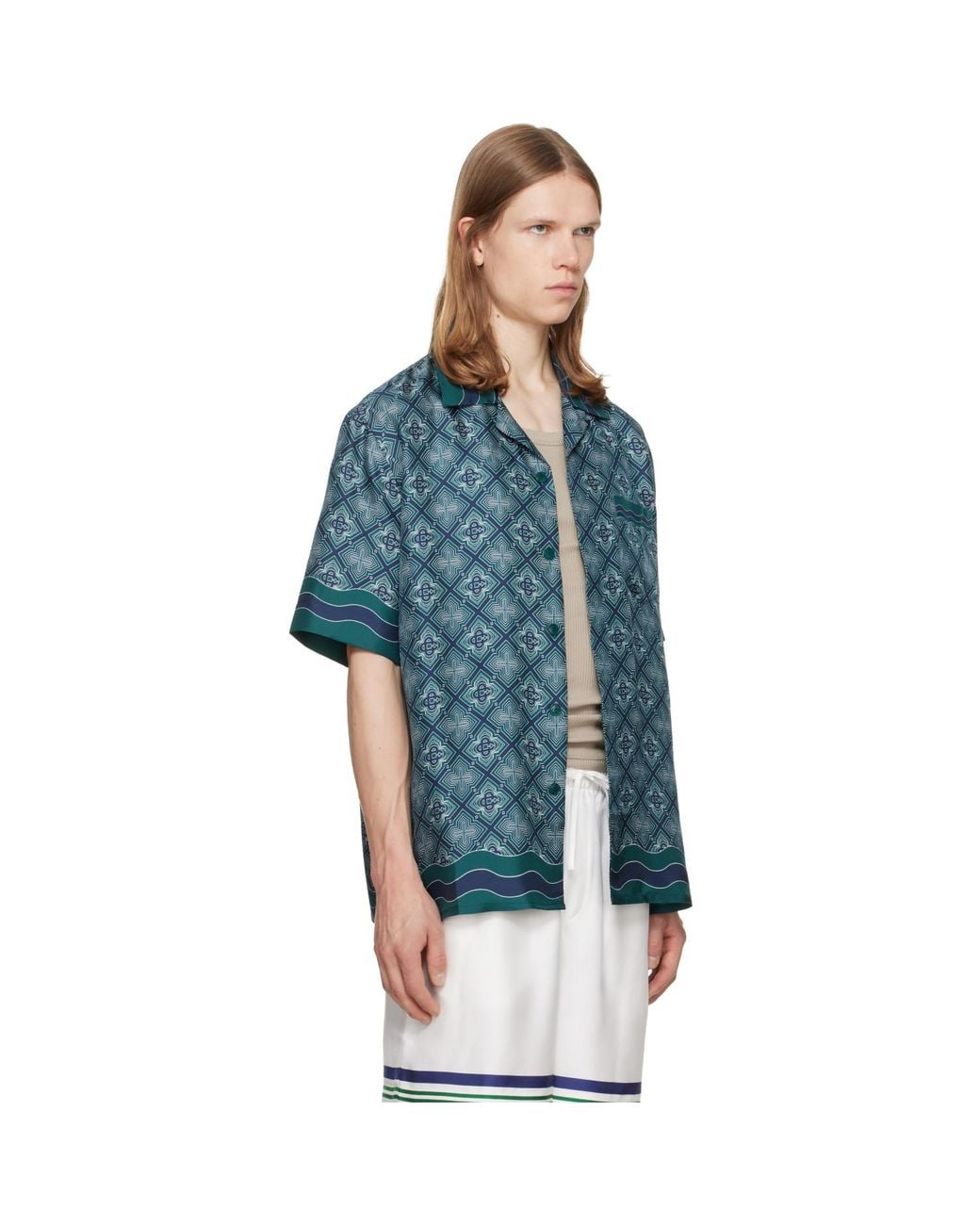 Casablanca Blue Radiating Monogram Short Sleeve Silk Shirt for men