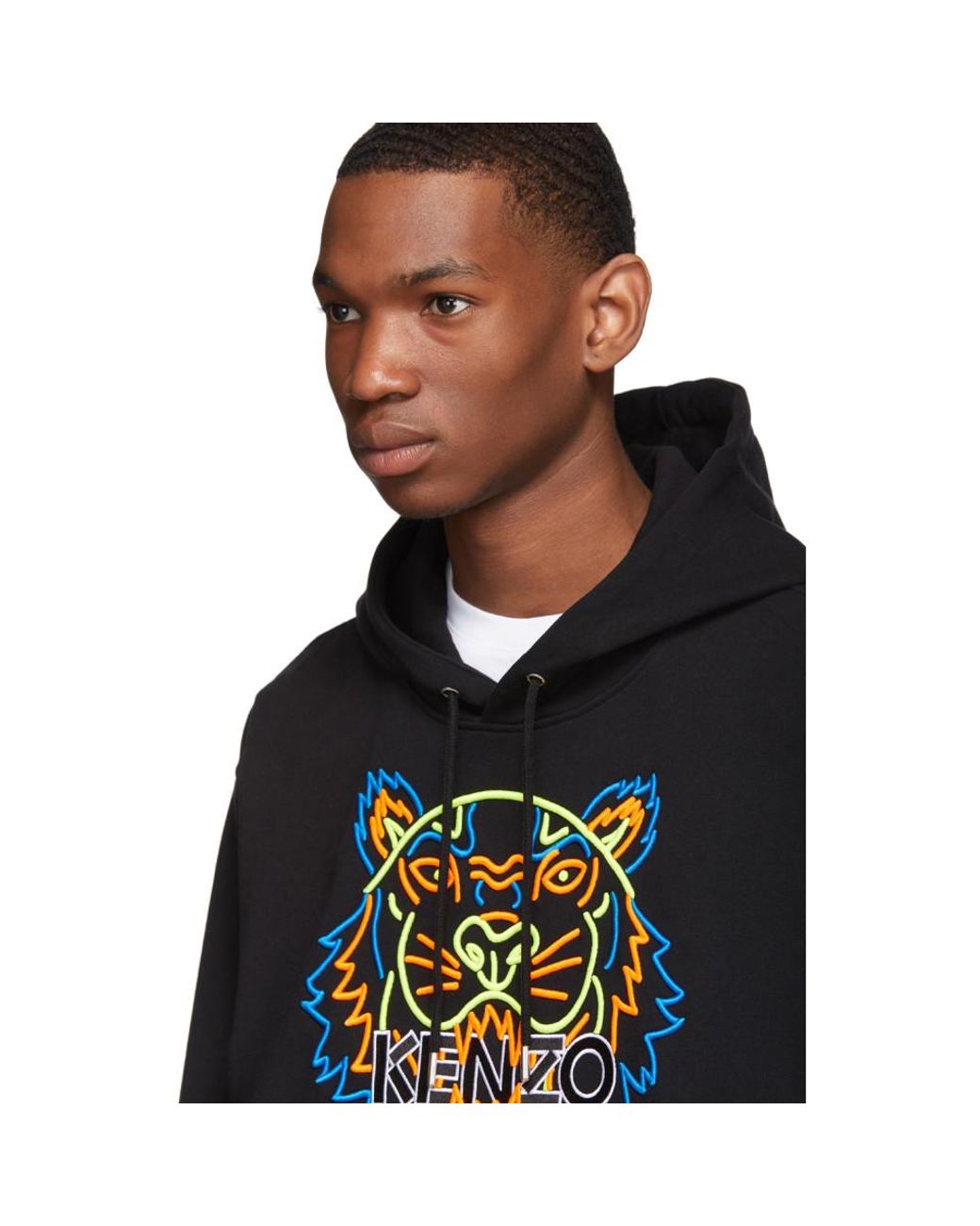 KENZO Neon Tiger Embroidered Hooded Cotton Jumper in Black for Men