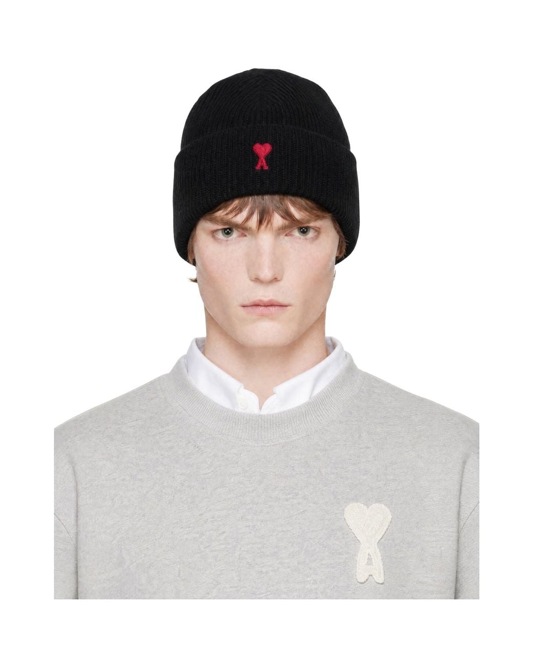 AMI Black Wool Ami De Coeur Beanie for men