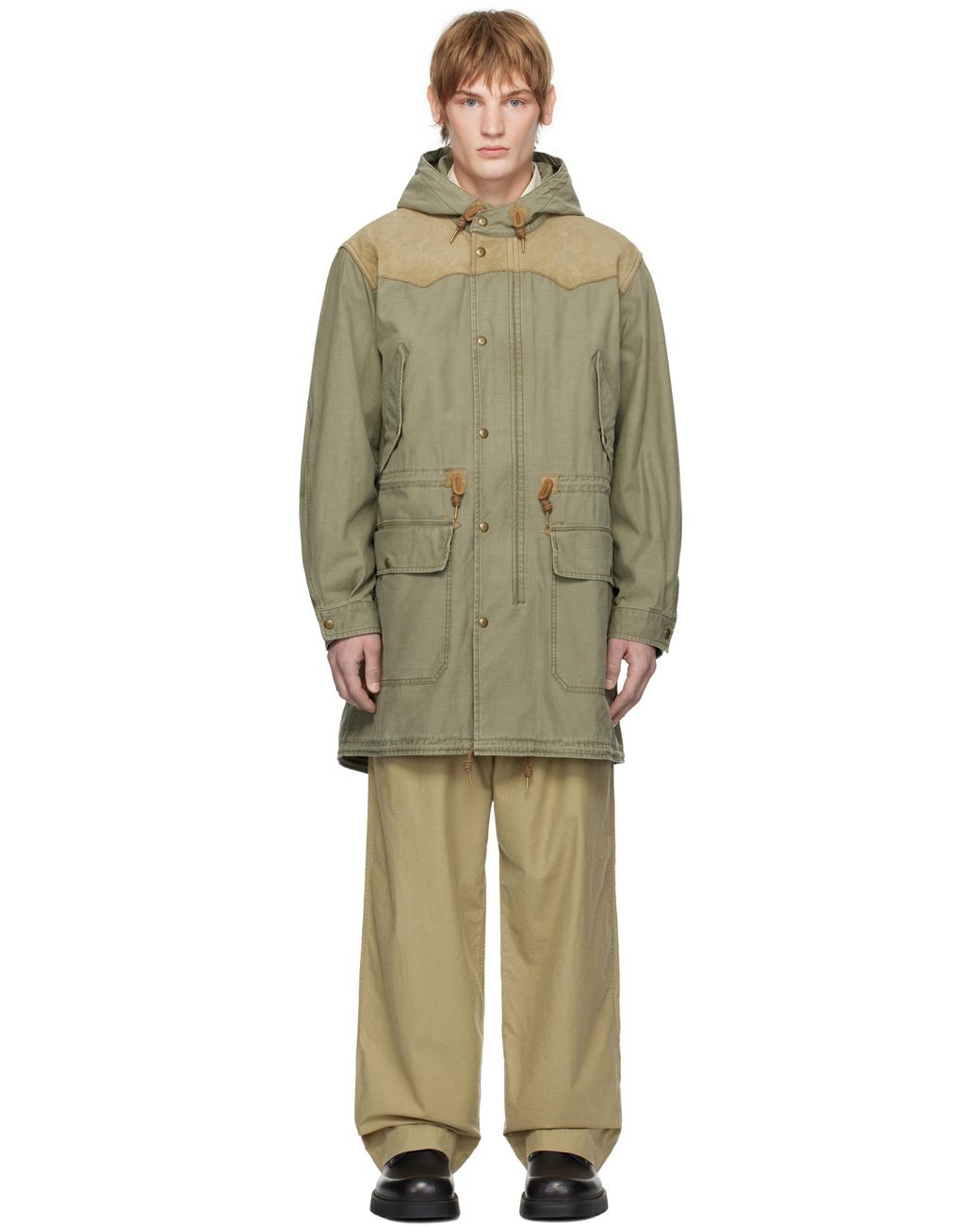 メンズ RRL カーキ レザーヨーク サティーン ジャケット メンズ RRL カーキ レザーヨーク サティーン ジャケット