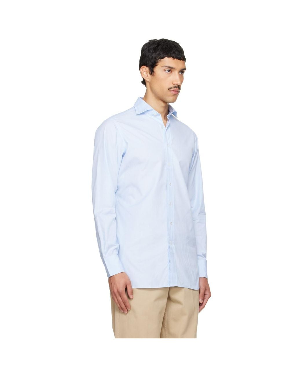 Drake's Blue Cotton Spread Collar End-On-End Poplin Shirt for men