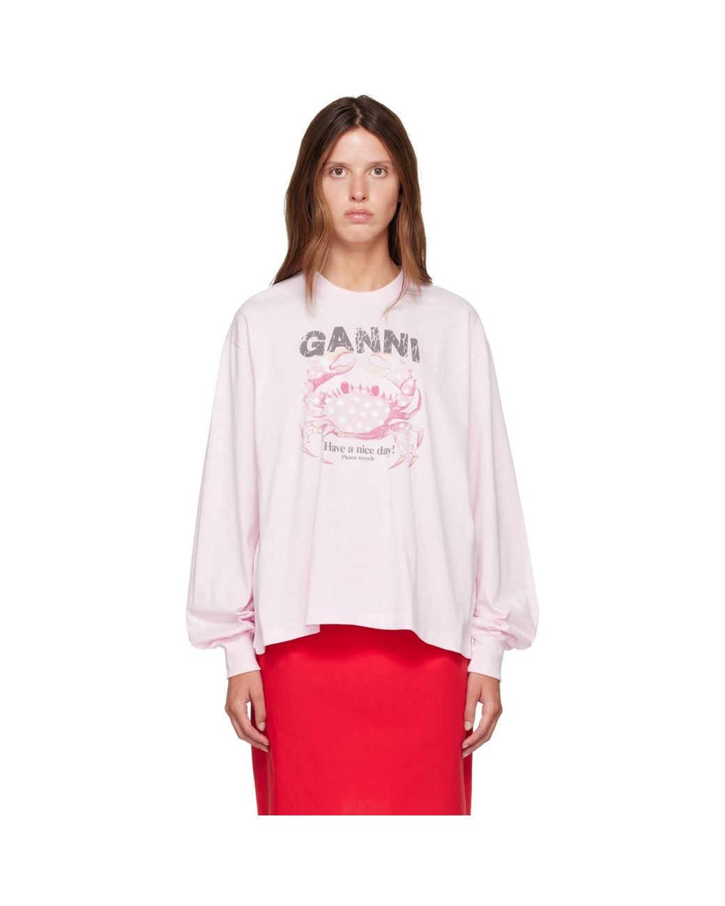 Ganni Red Basic Cotton Jersey Longsleeve Crab T-Shirt