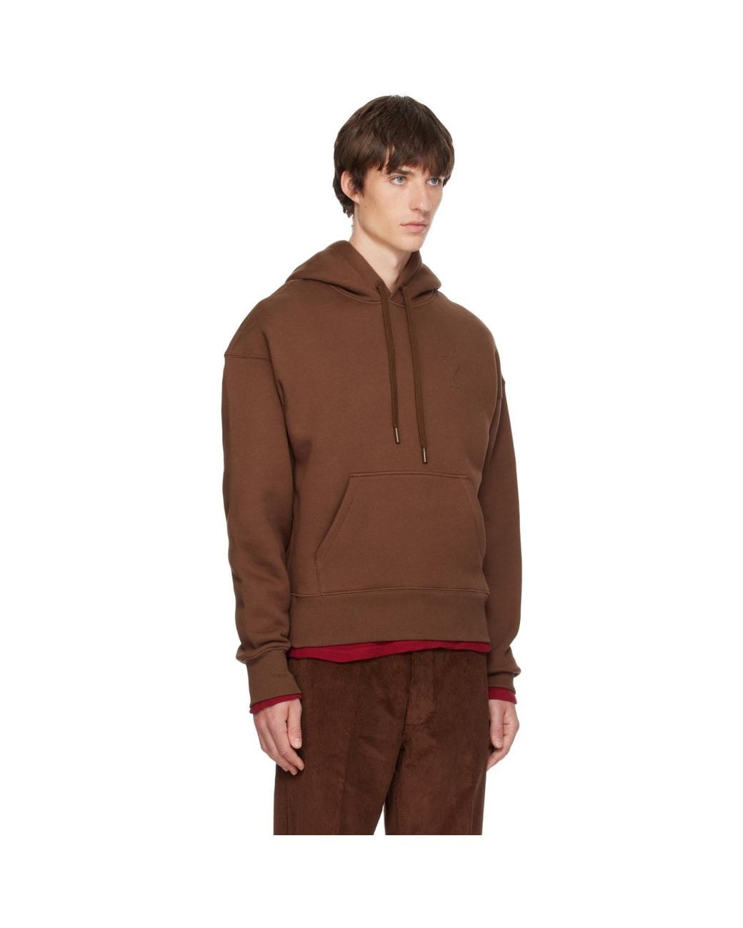 AMI Brown Cotton Embossed Ami De Coeur Hoodie for men