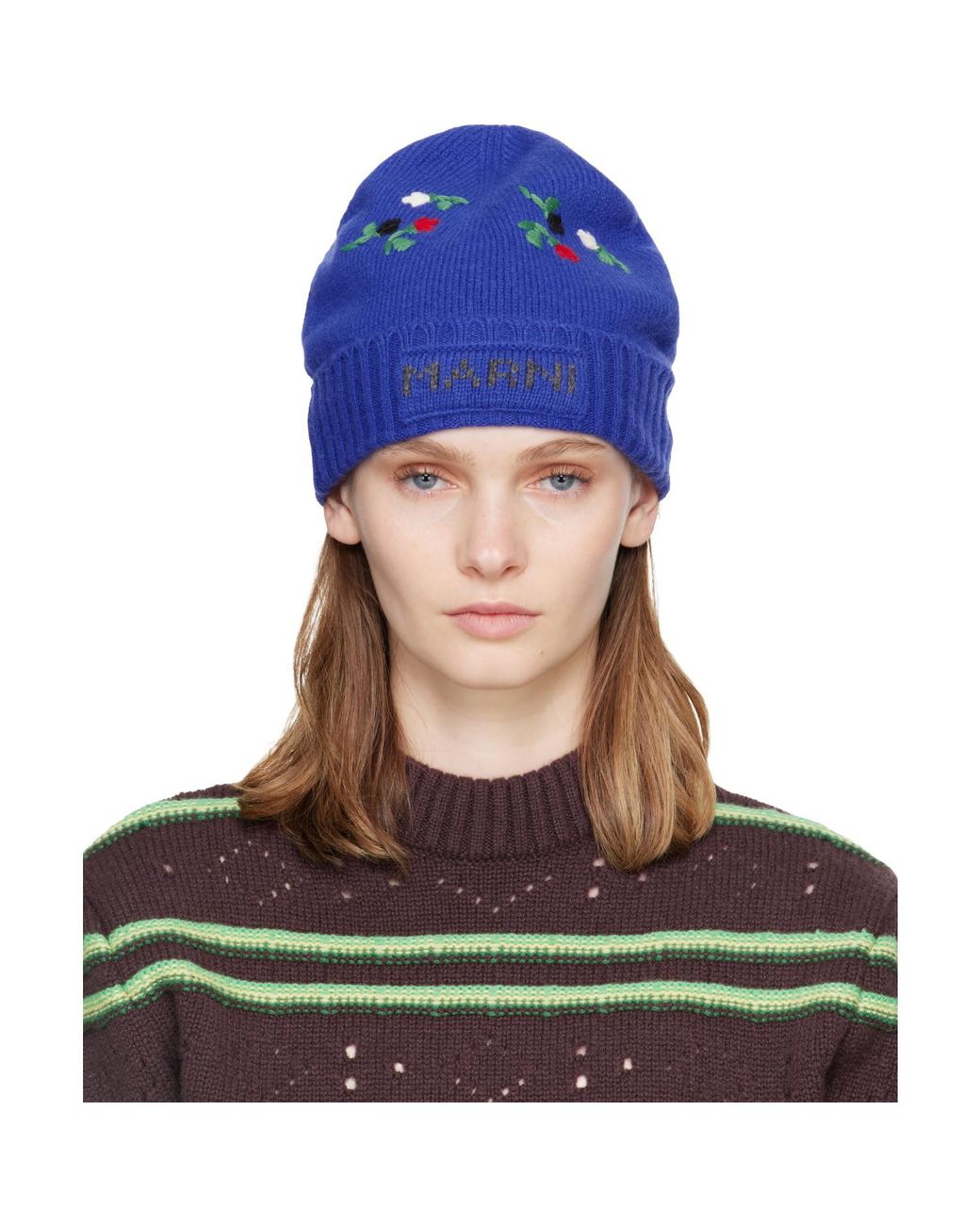 Marni Blue Wool & Cashmere Flower Beanie