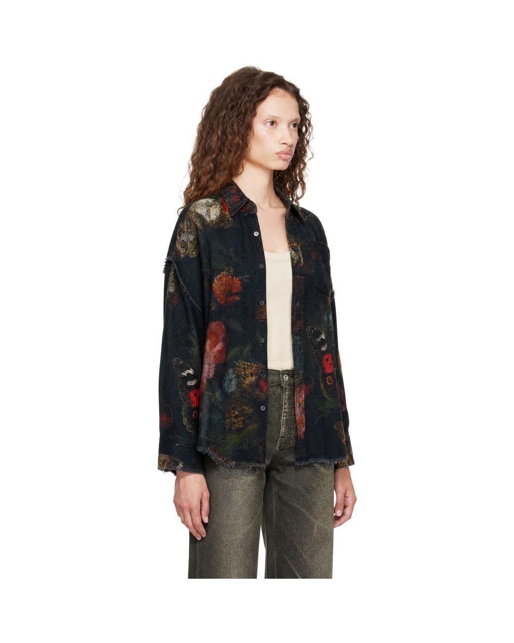 R13 Black Reversible Shredded Seam Drop Neck Shirt