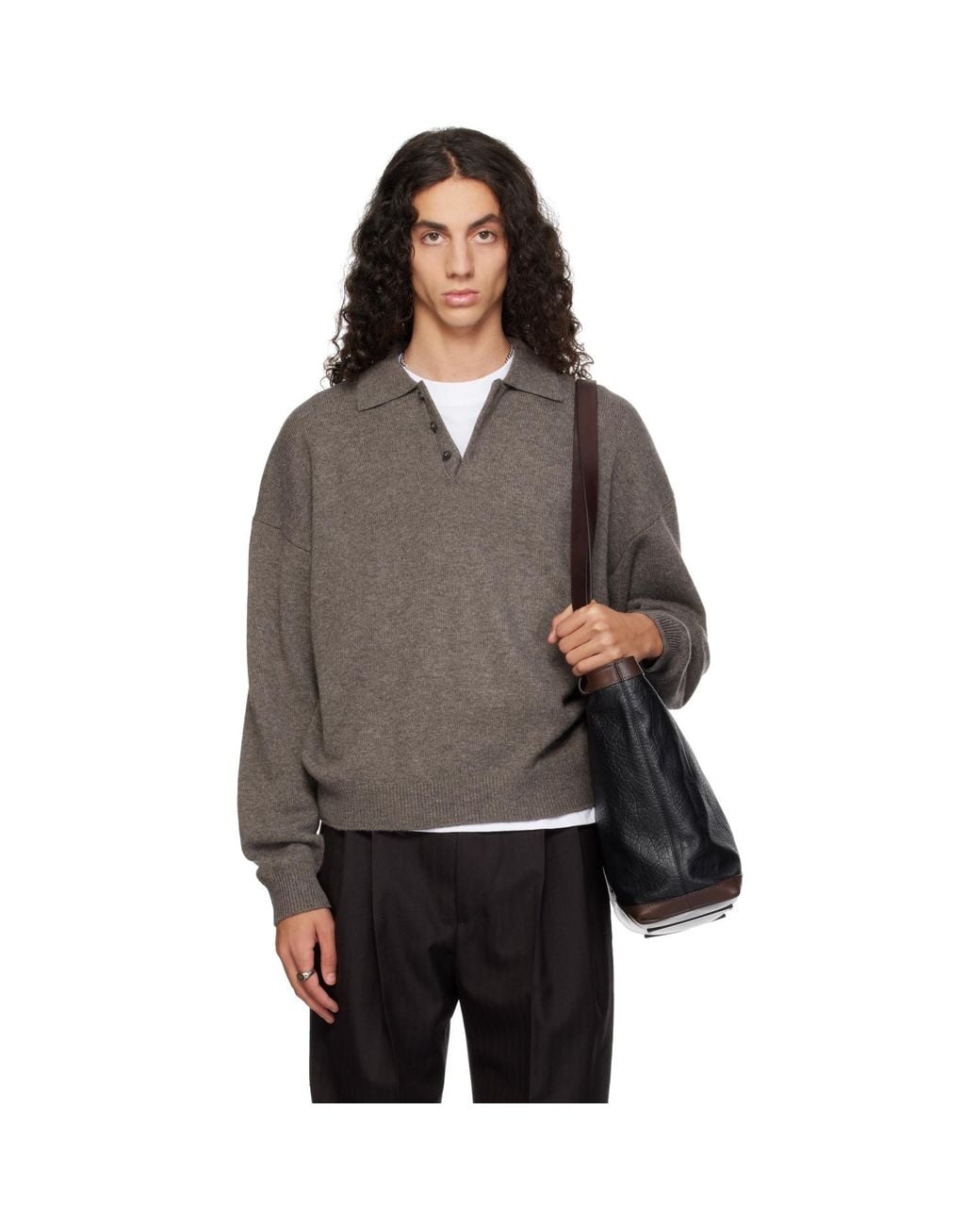 YACAIA Brown Y-0024 Oversized Merino Polo for men