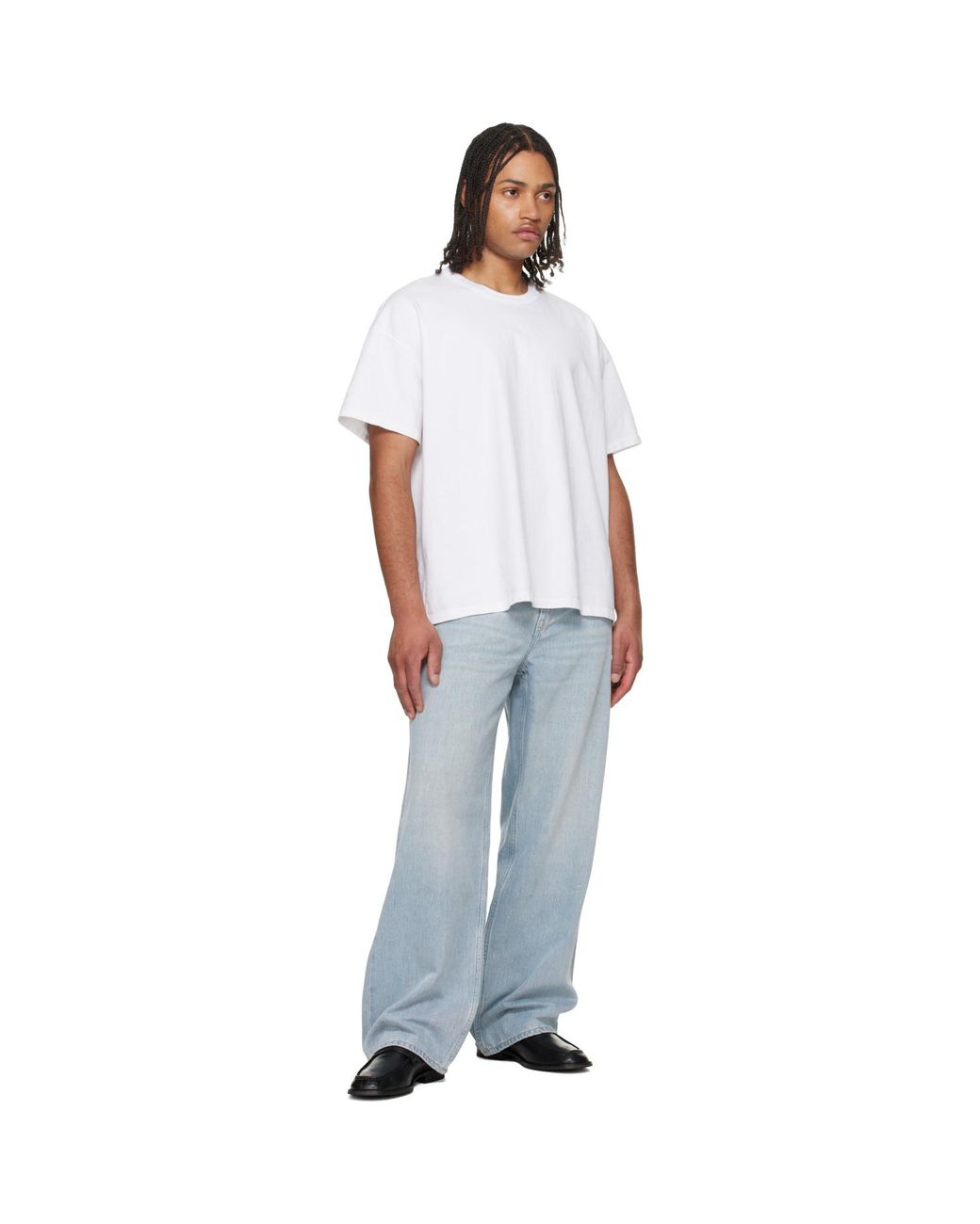 Les Tien White Lightweight Binded Neck Oversized T-Shirt for men