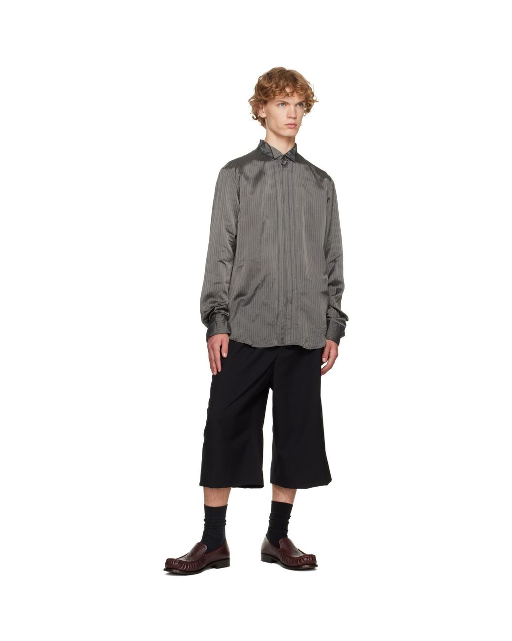 Dries Van Noten Gray Burgundy Pinstripe Shirt for men
