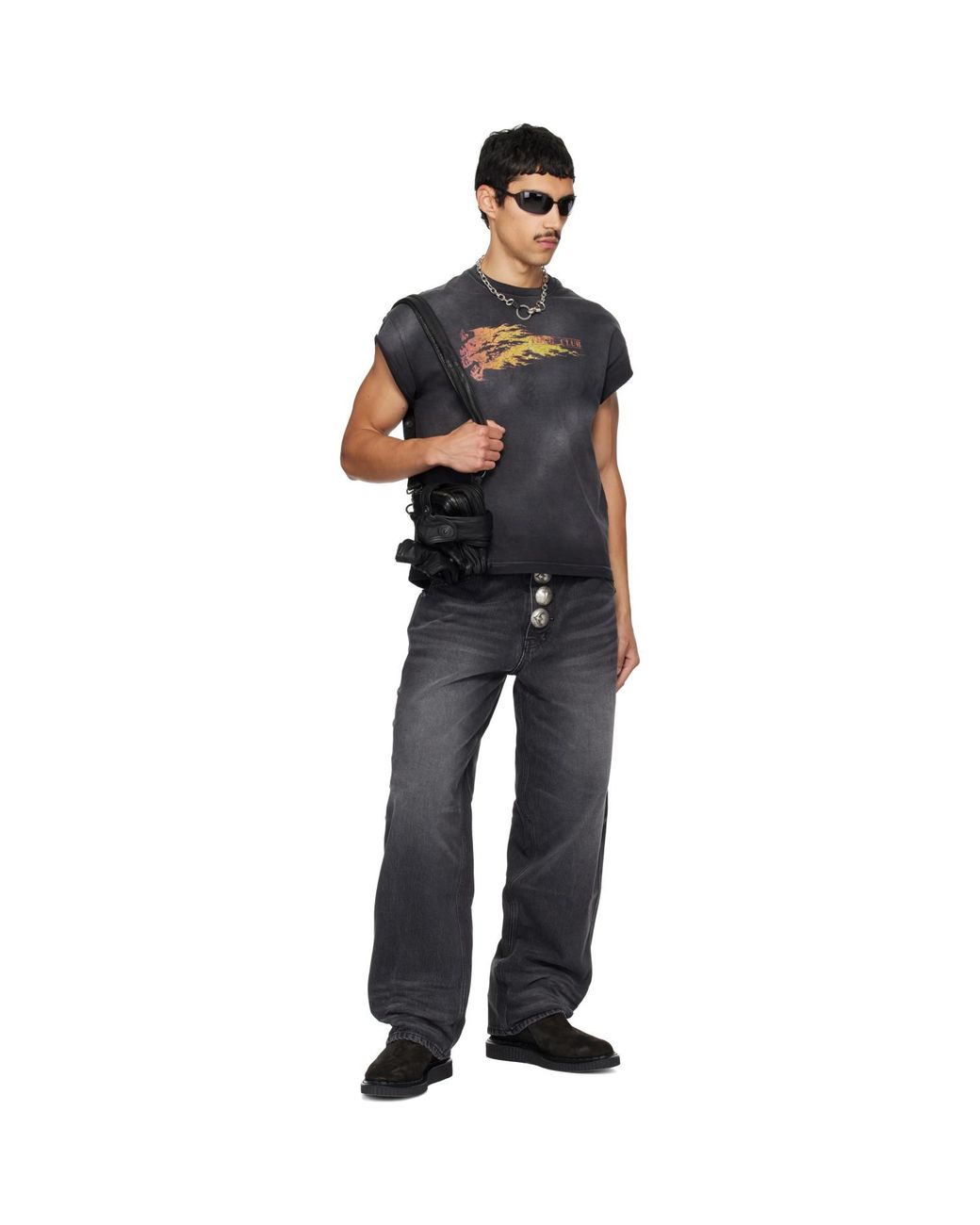 THUG CLUB Black Burnshot Slit Sleeve T-Shirt for men