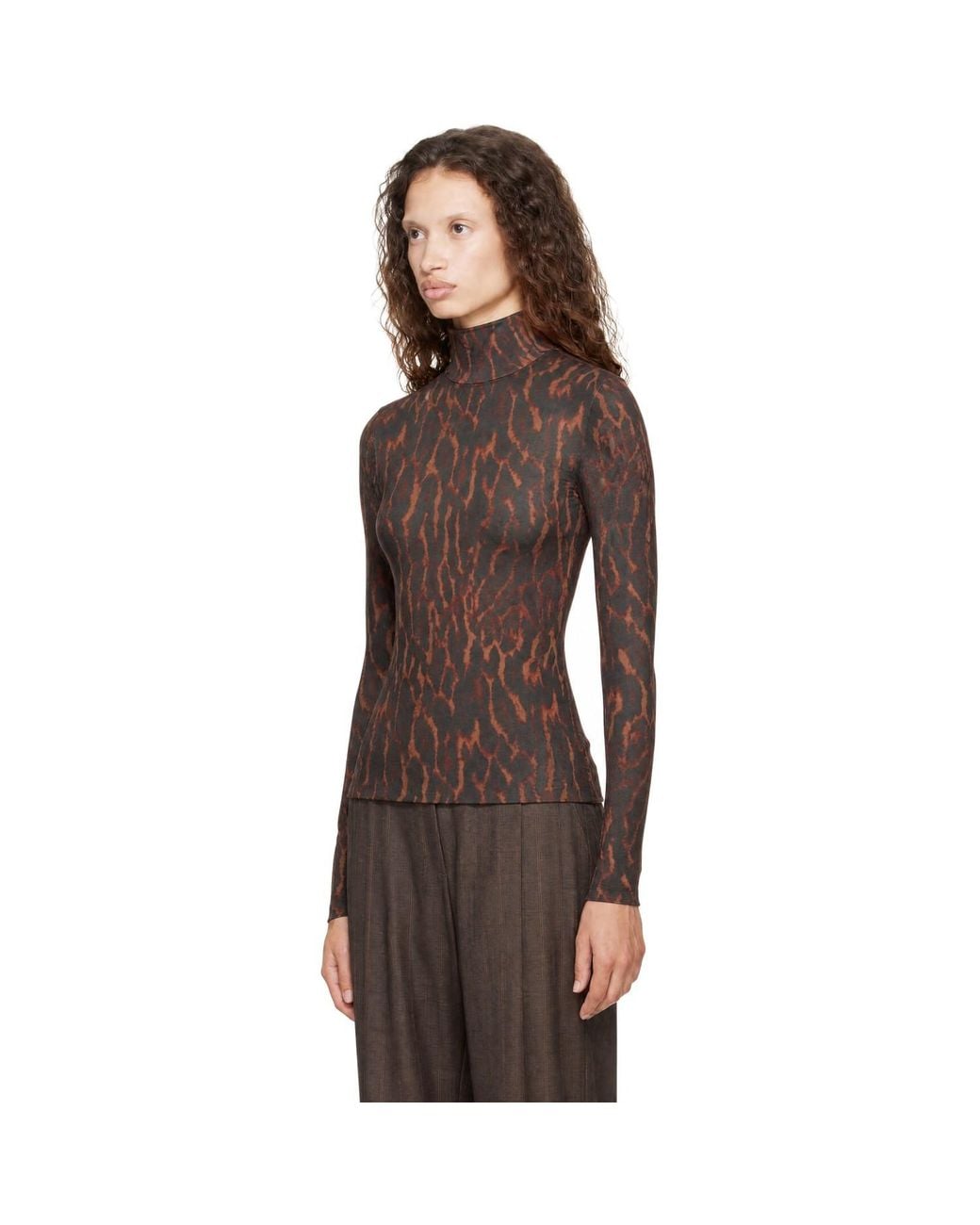 Ganni Brown Printed Jersey Turtleneck