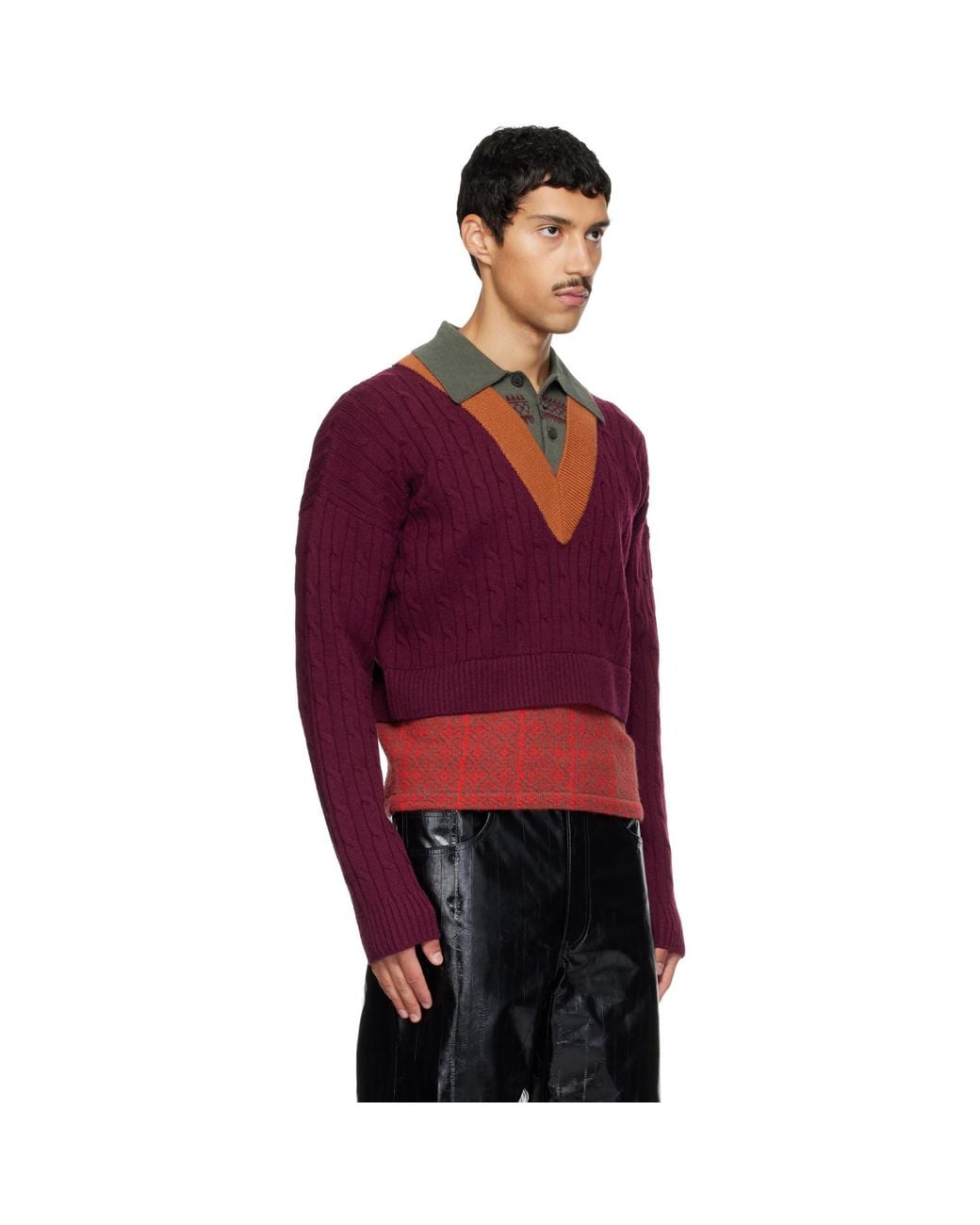 Dries Van Noten Burgundy Layered Wool Polo for men