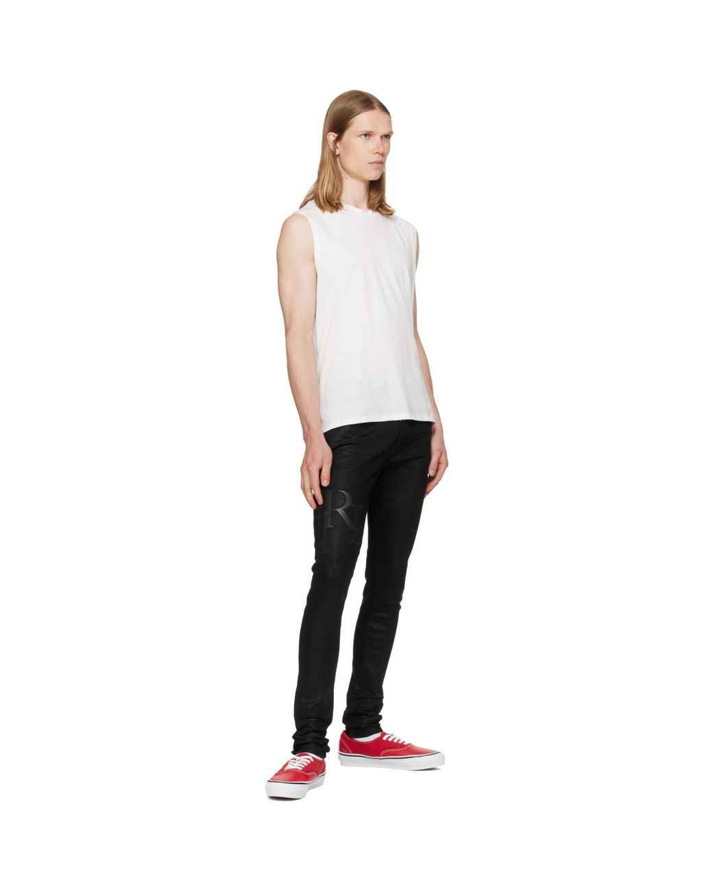 Amiri Black Waxed Staggered Logo Skinny Jeans for men