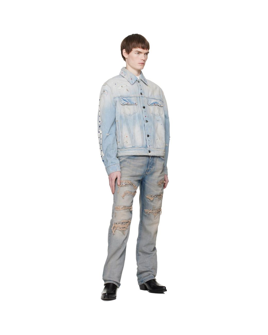 Amiri Gray Bones Studded Denim Trucker Jacket for men