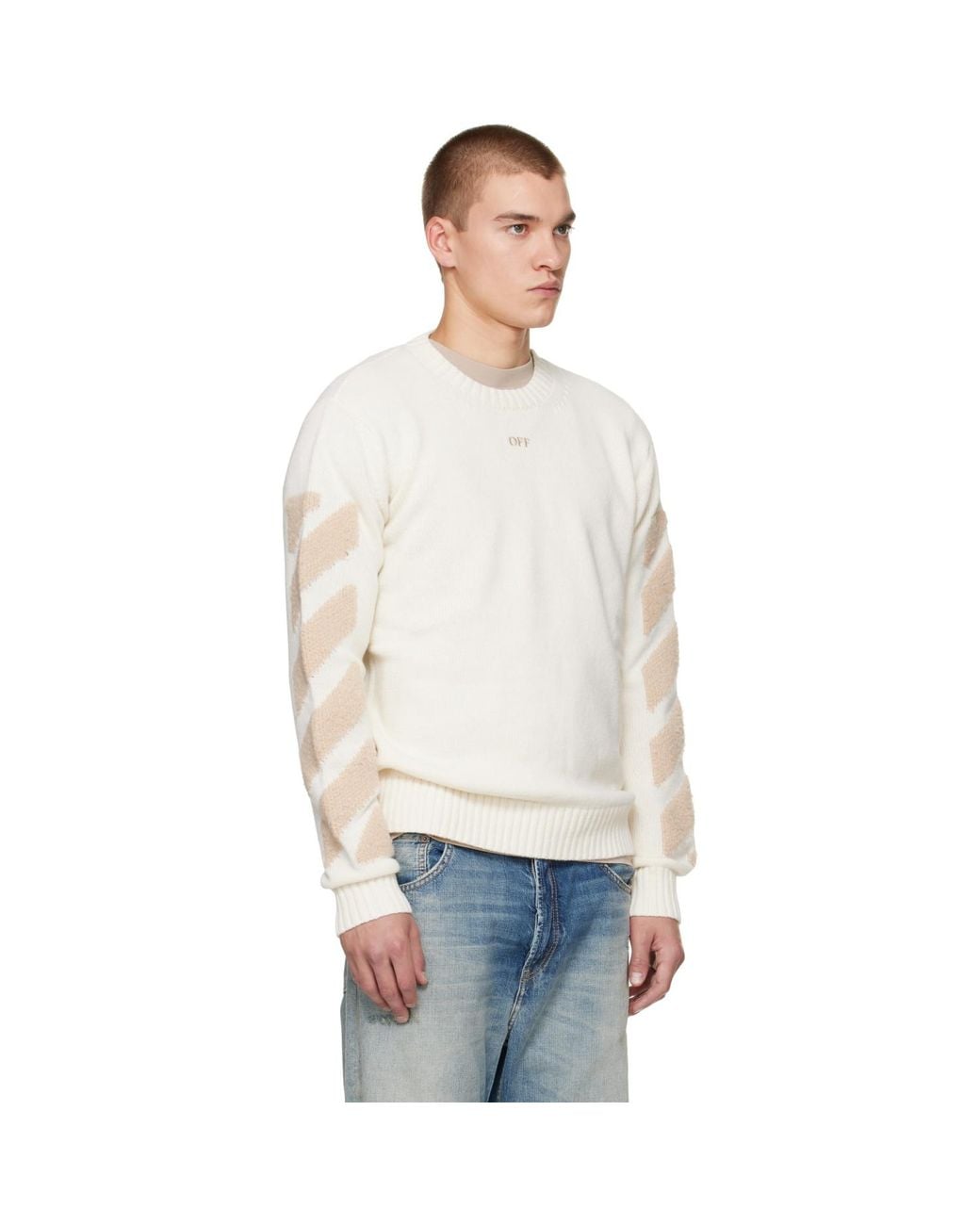 Off-White c/o Virgil Abloh White Diagonals Fuzzy Knit Crewneck Sweater for men