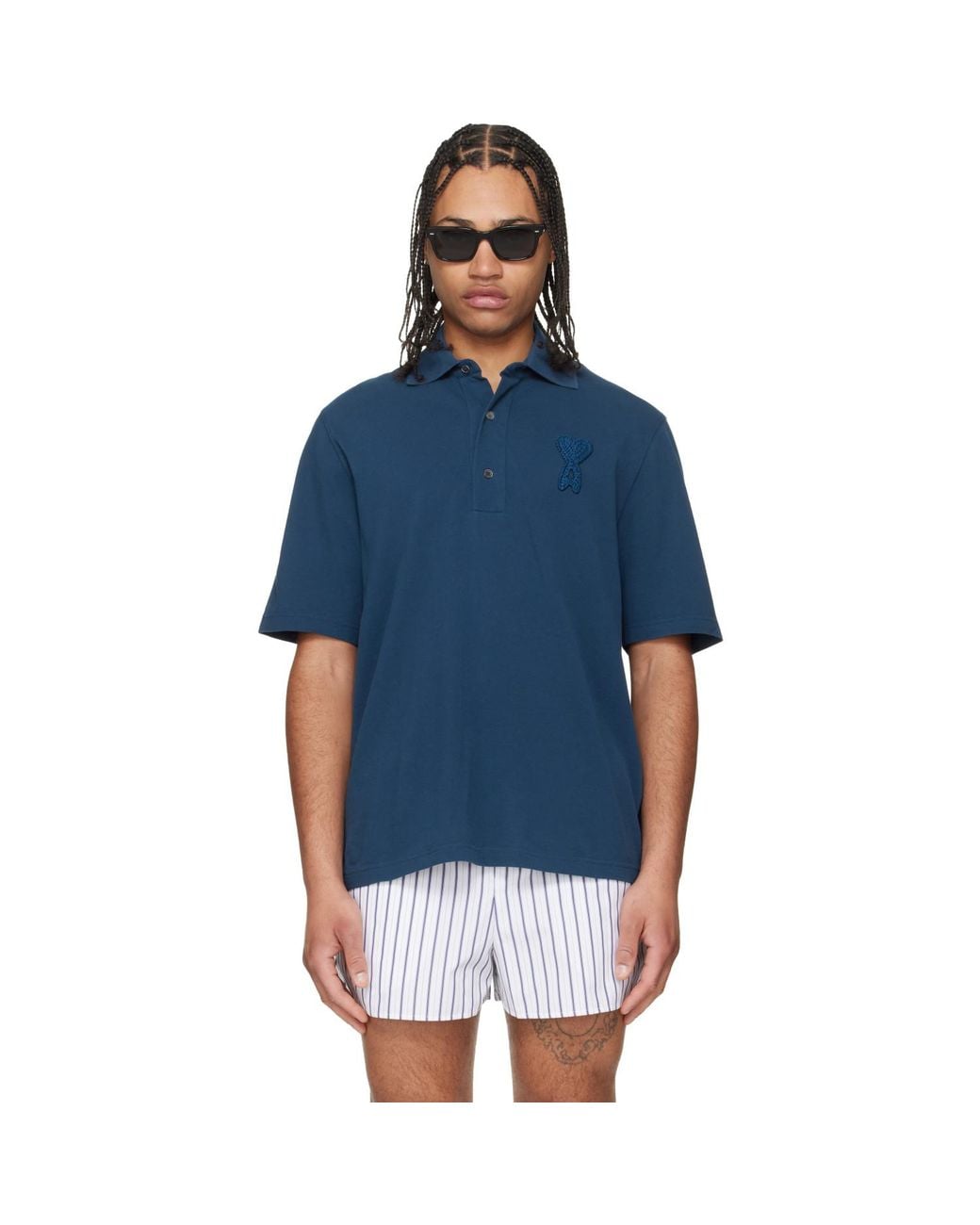 AMI Blue Cotton Ami De Coeur Knitted Patch Polo for men