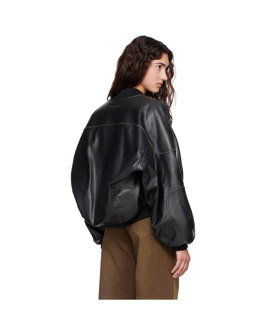 MM6 by Maison Margiela Black Rib-Knit Trim Faux-Leather Bomber Jacket