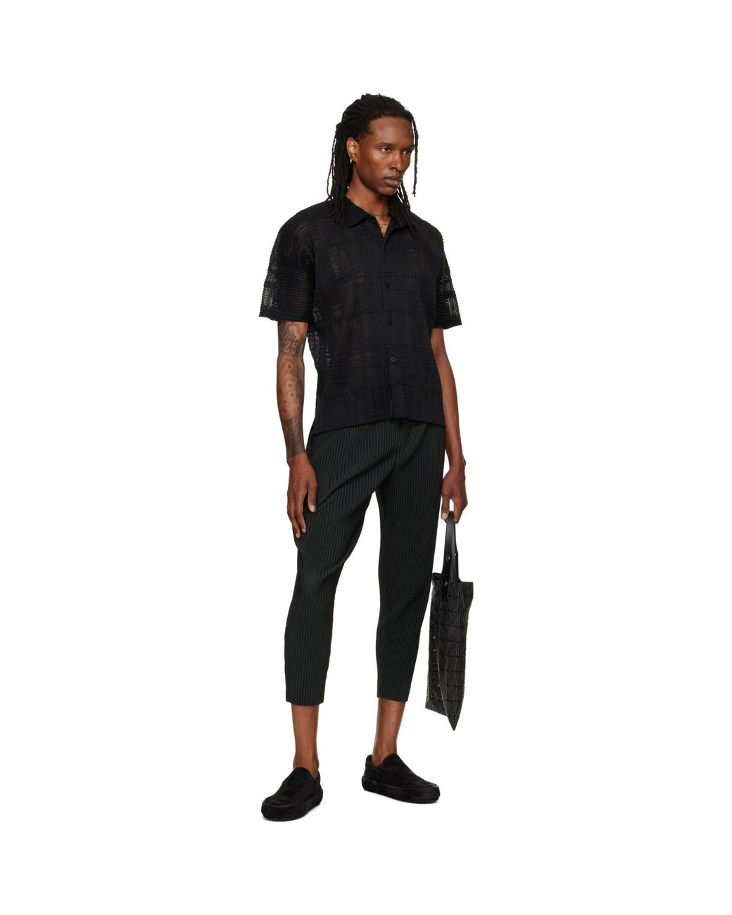 Homme Plissé Issey Miyake Black Lace Grid Pleats Shirt for men