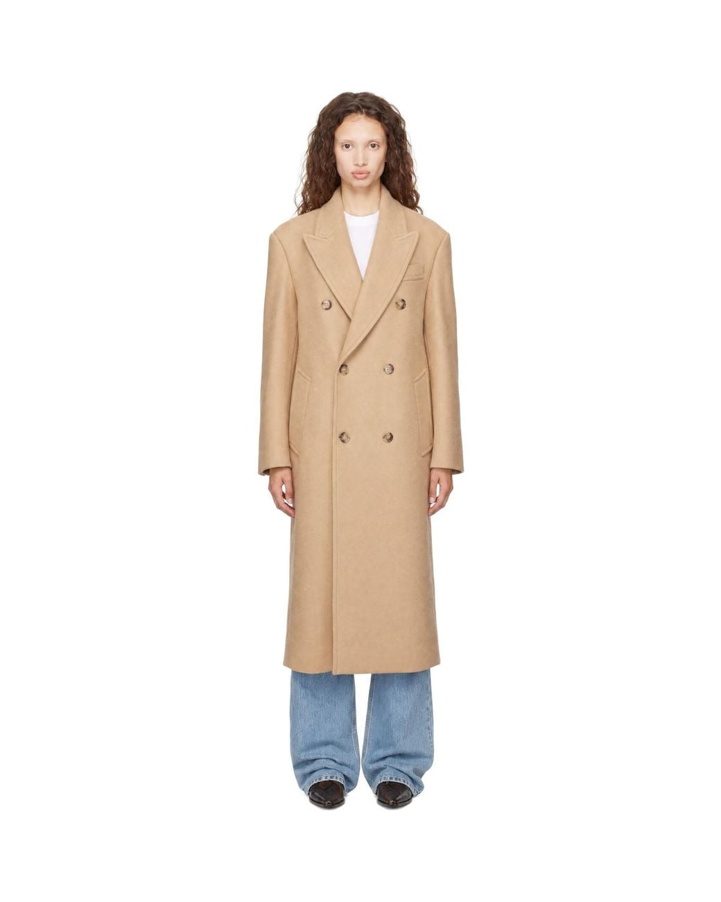 AMI Natural Long Double-Breasted Wool Coat