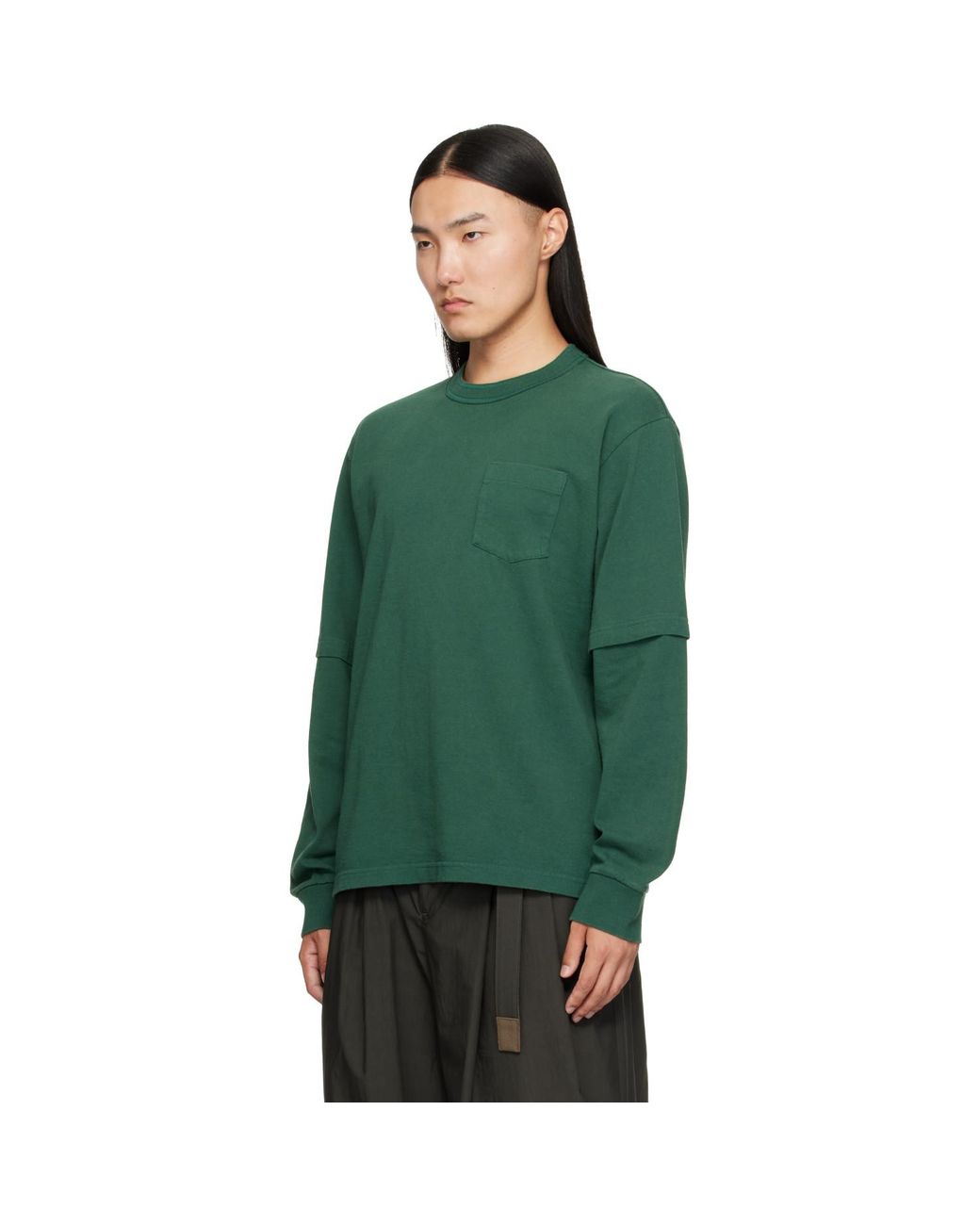 Sacai Green Cotton Jersey L/S T-Shirt for men
