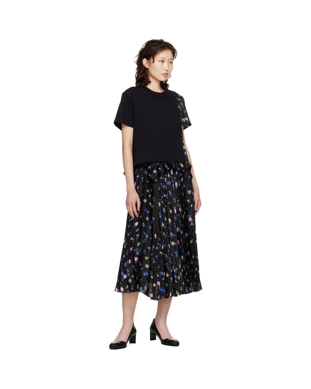Sacai Black Floral Print T-Shirt