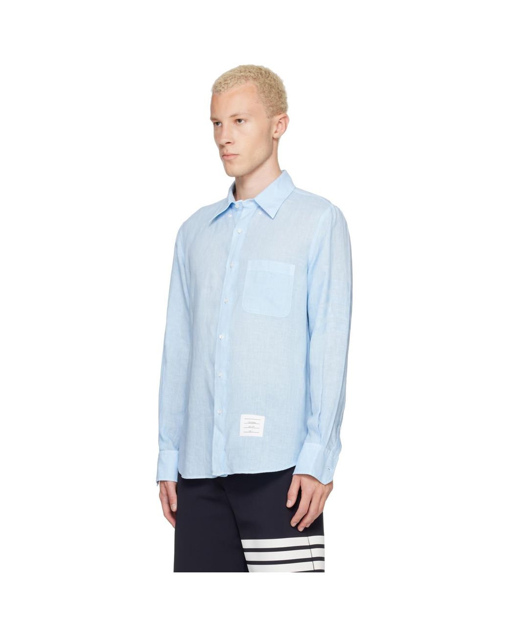 Thom Browne Blue Linen 4-Bar Shirt for men