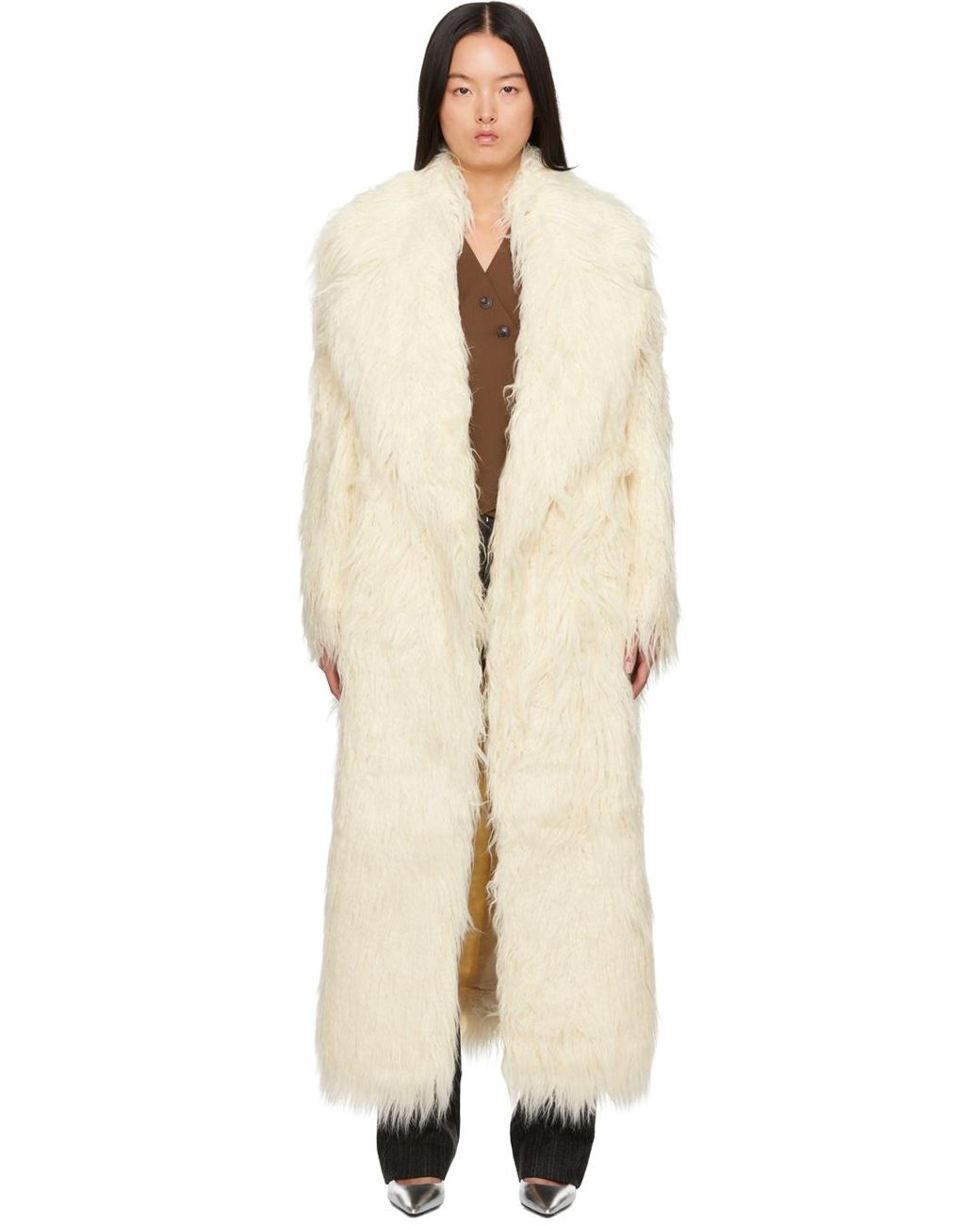 Nicole Long Faux Fur Coat - Off White