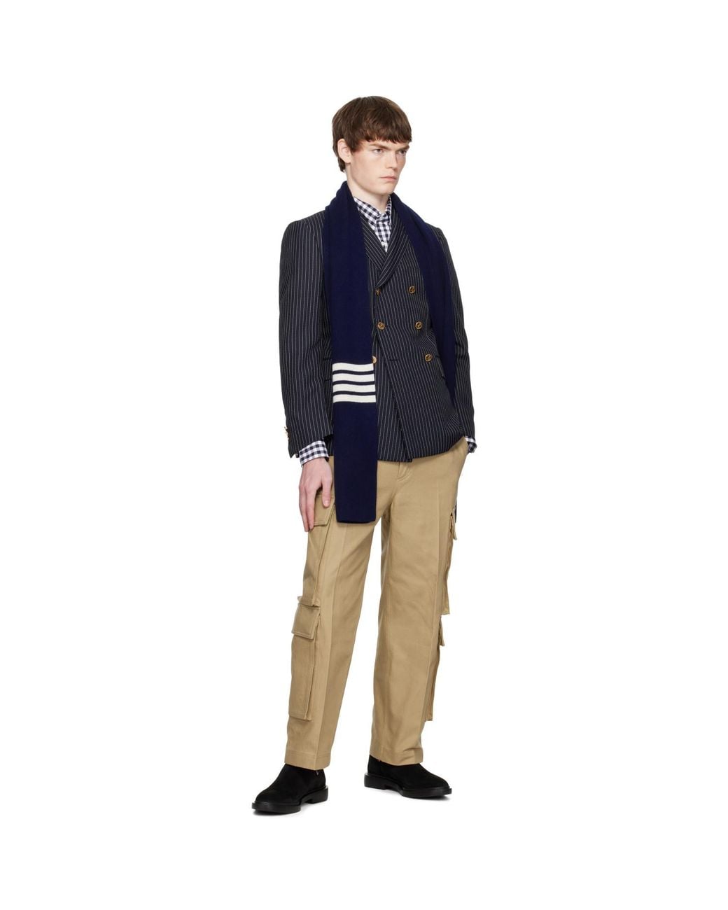 Thom Browne Blue Cashmere Rib 4-Bar Scarf for men