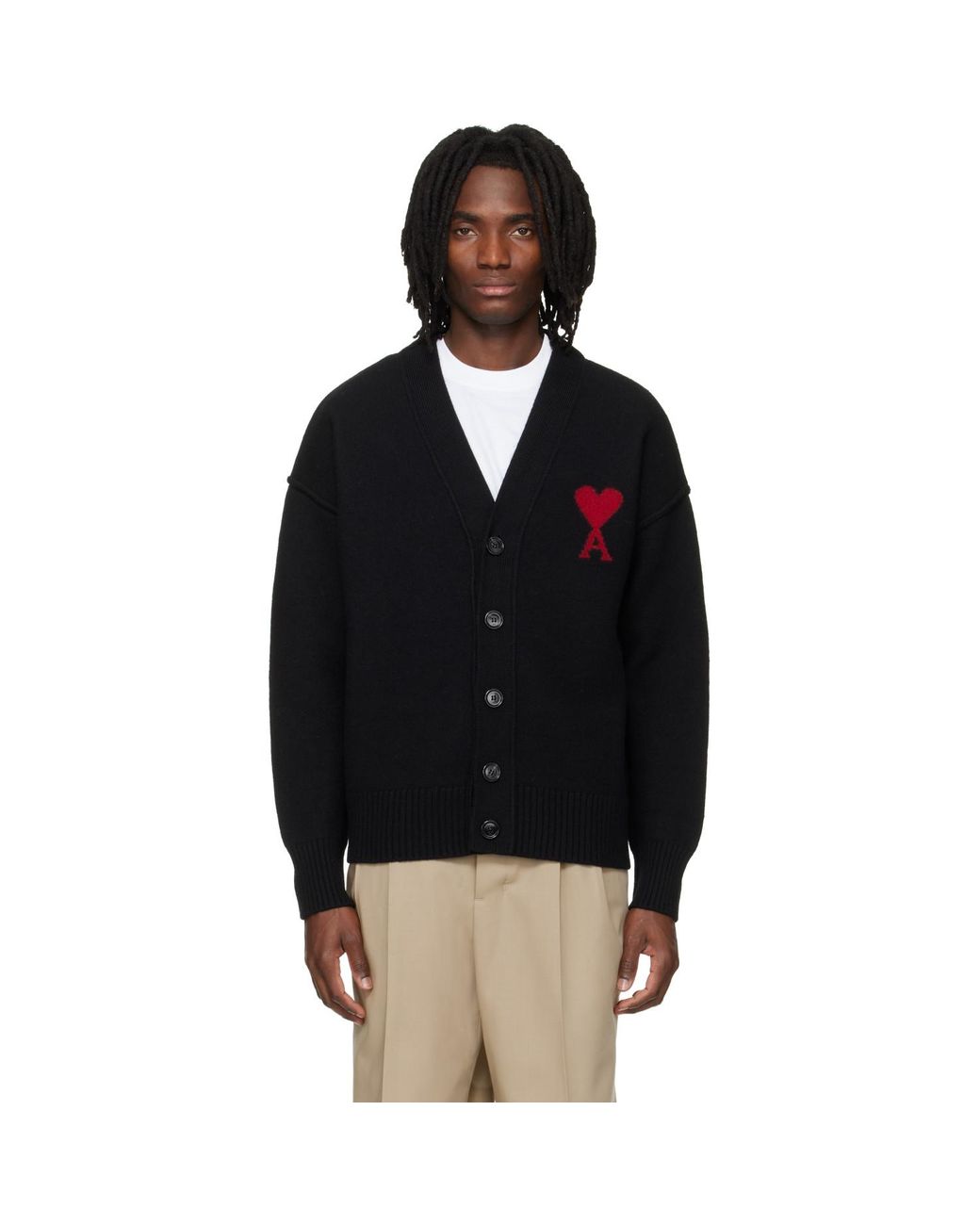 AMI Black Wool Contrasted Ami De Coeur Cardigan for men