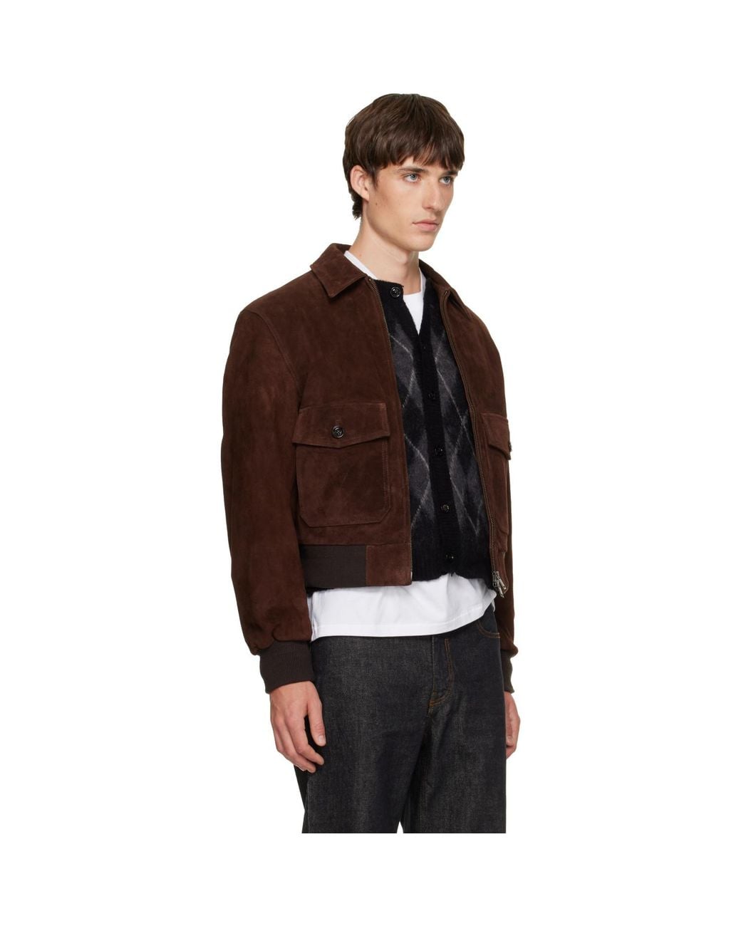 TONYWACK Brown Split Patch Pocket Suede Jacket for men