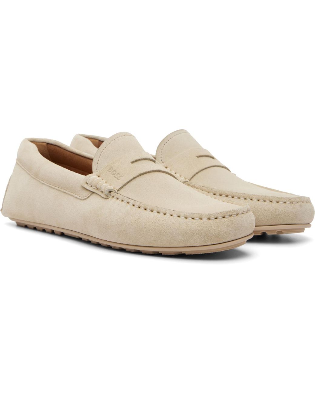 Boss White Off- Penny-Trim Suede Loafers for men