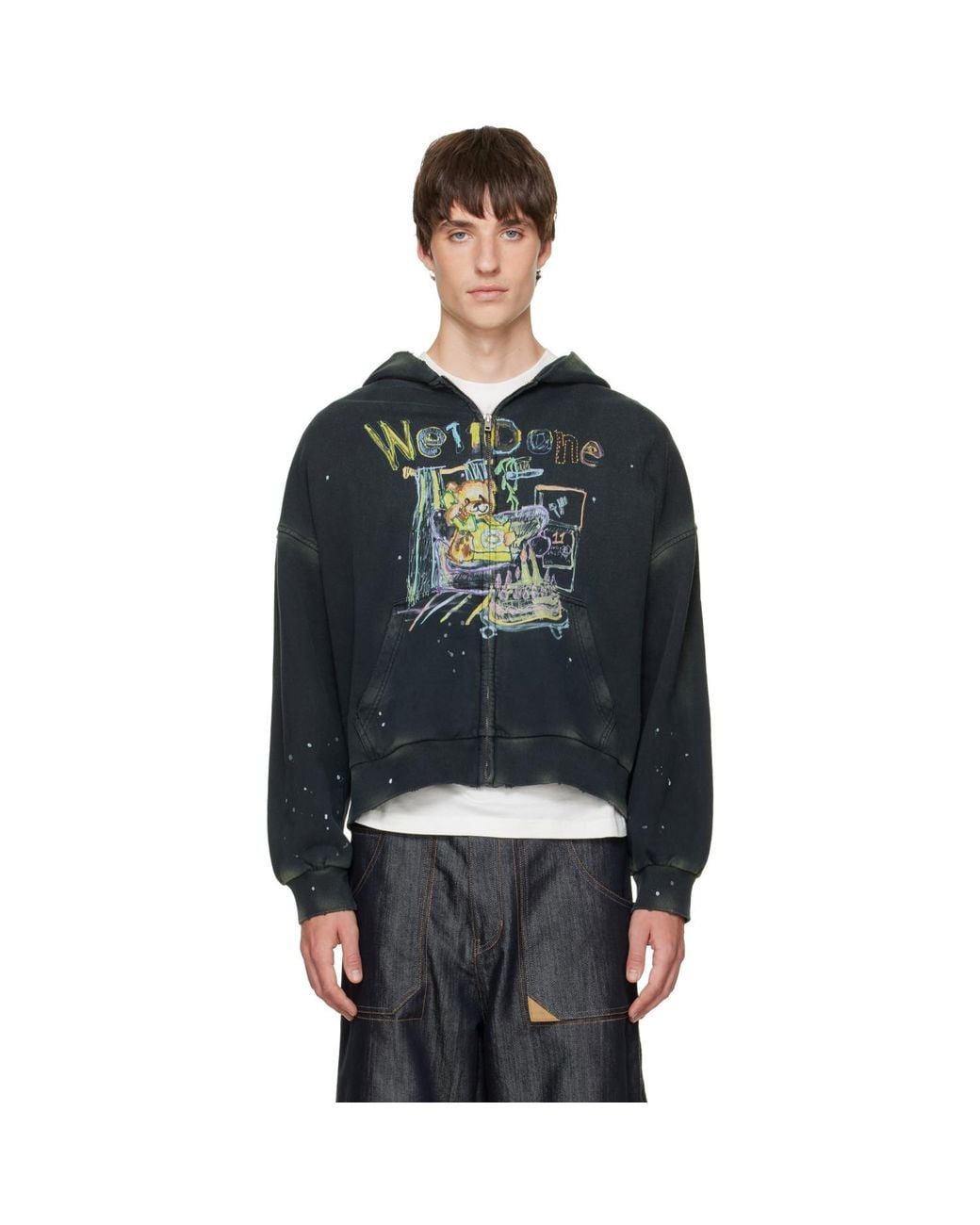 we11done Black Anniversary Teddy Zip-Up Hoodie for men