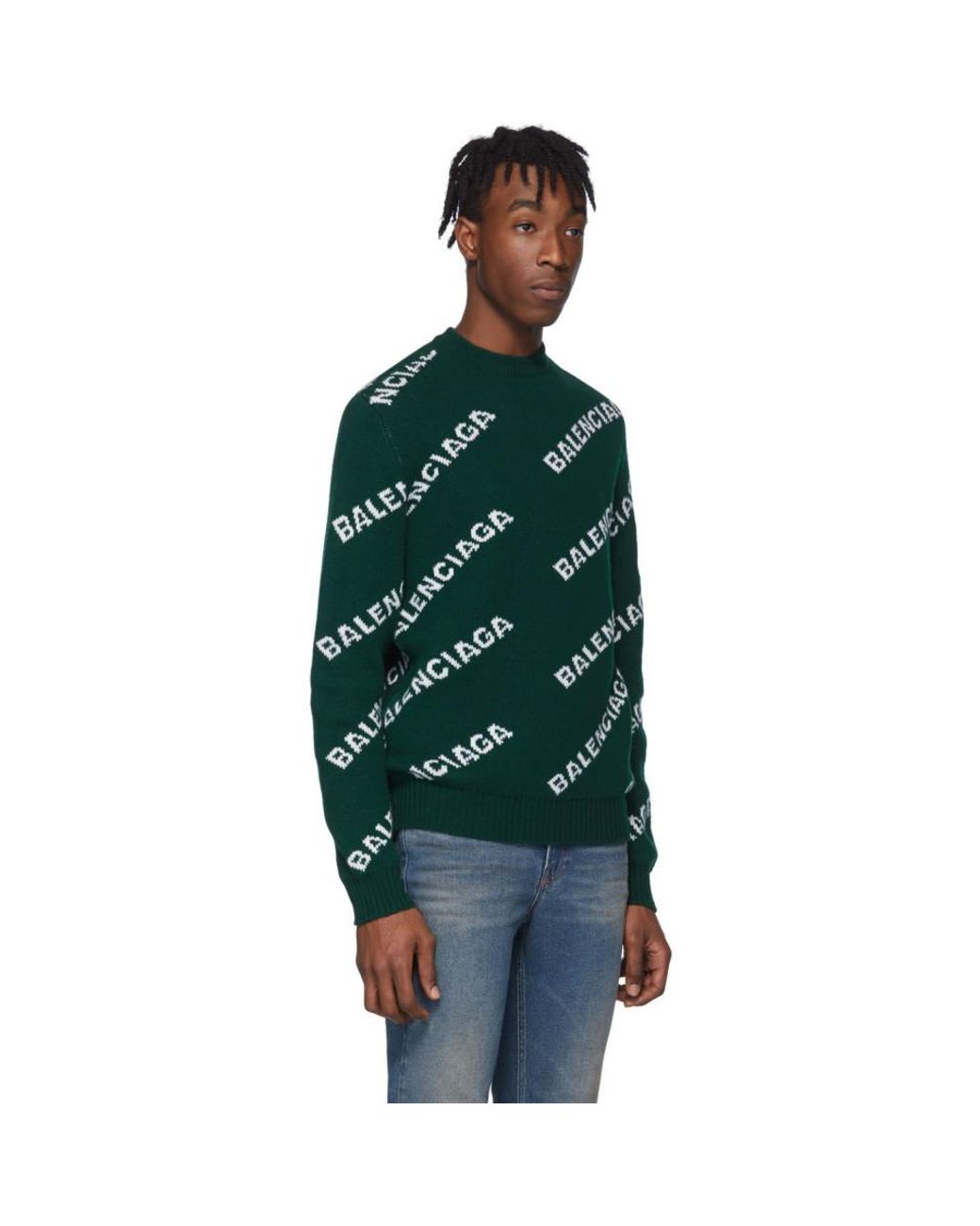 Balenciaga Green Wool Jacquard Logo Crewneck Sweater for Men | Lyst