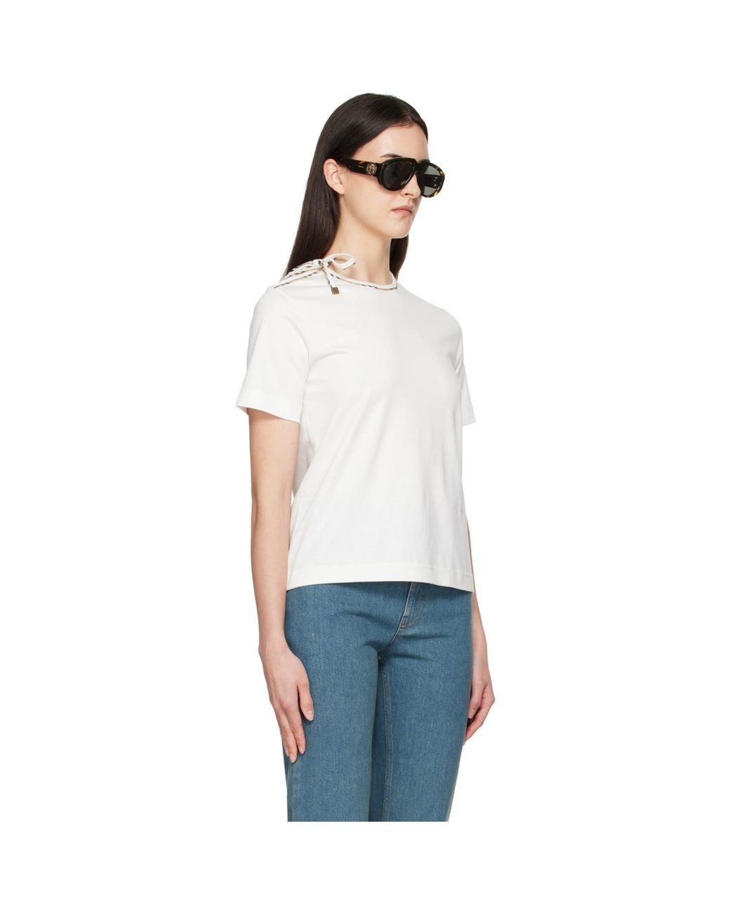 Burberry White Off- Tie-Sleeve Cotton T-Shirt