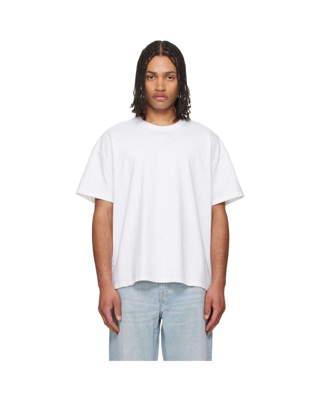 Les Tien White Lightweight Binded Neck Oversized T-Shirt for men