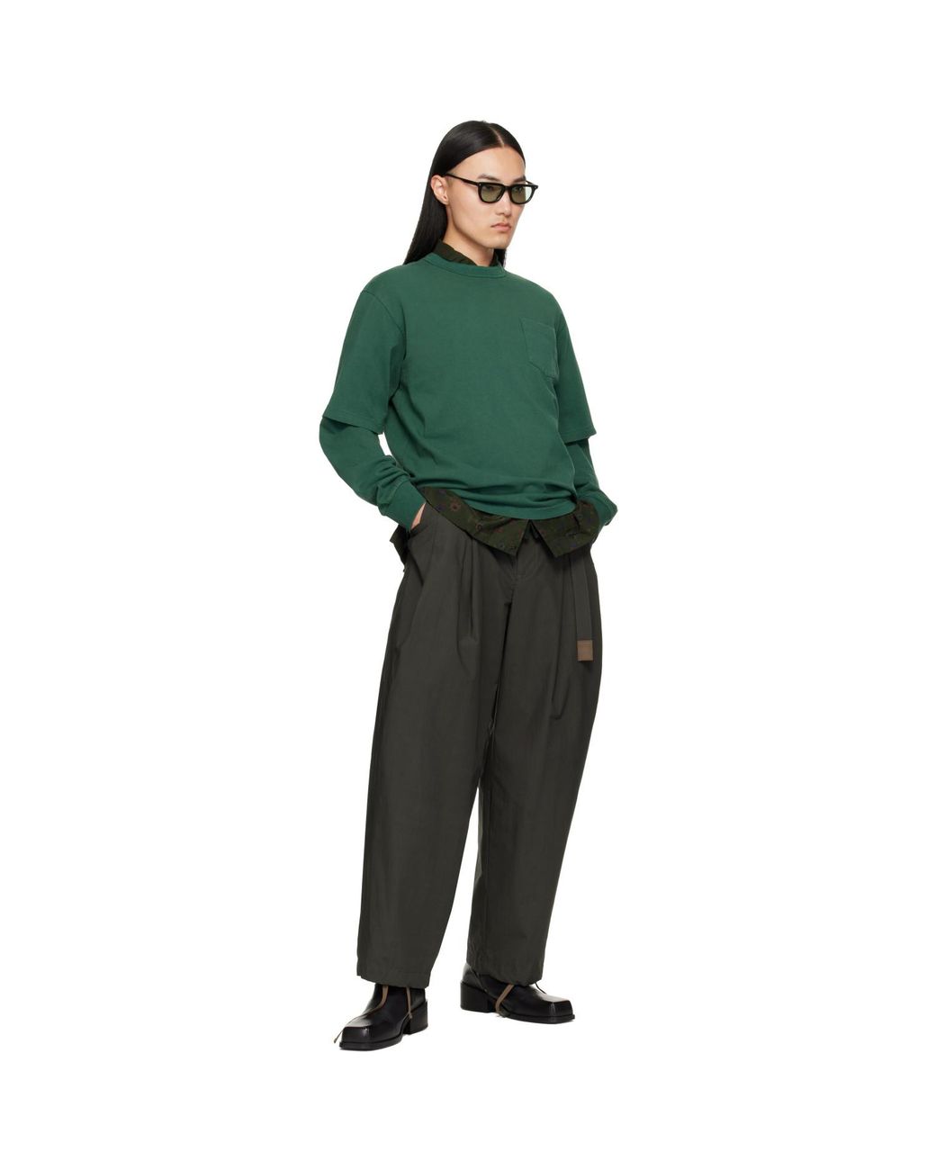 Sacai Green Cotton Jersey L/S T-Shirt for men