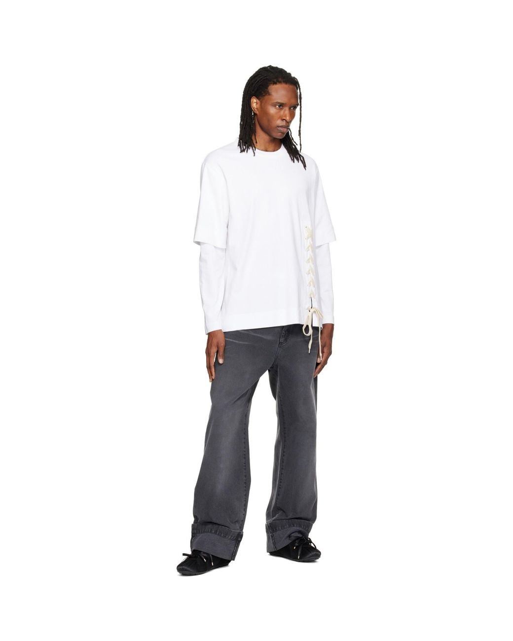 Simone Rocha White Lace Up Hem Layered Long Sleeve T-Shirt for men