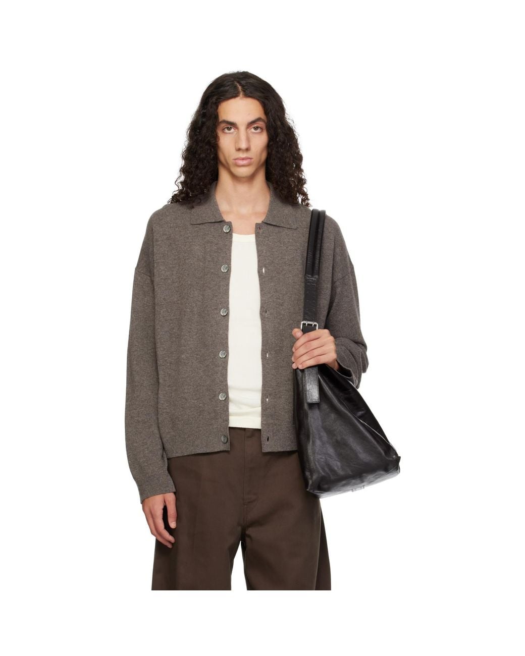 YACAIA Brown Taupe Y-0017 Oversized Merino Cashmere Cardigan for men