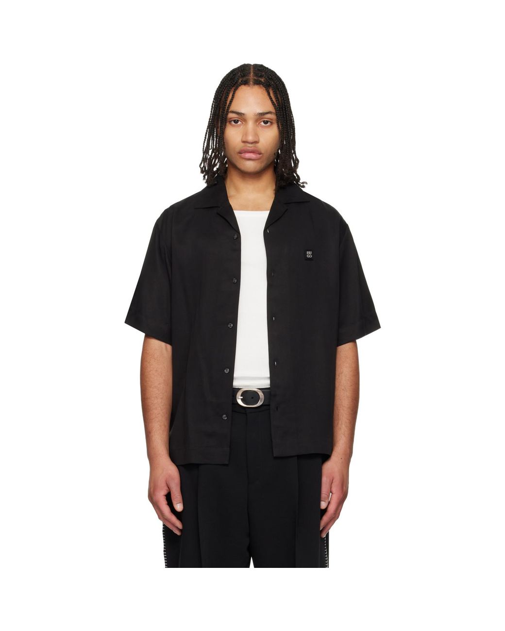 HUGO Black Oversize-Fit Stacked Logo Shirt for men