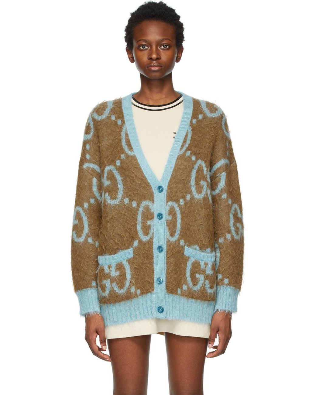 Gucci Reversible Brown & Blue Mohair Oversized GG Cardigan | Lyst