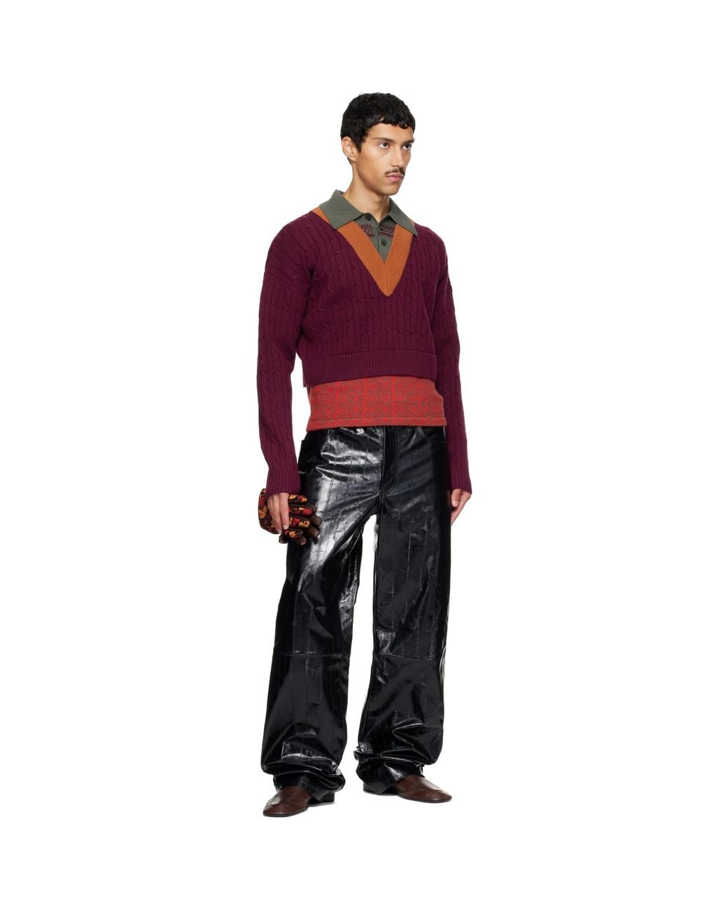 Dries Van Noten Burgundy Layered Wool Polo for men