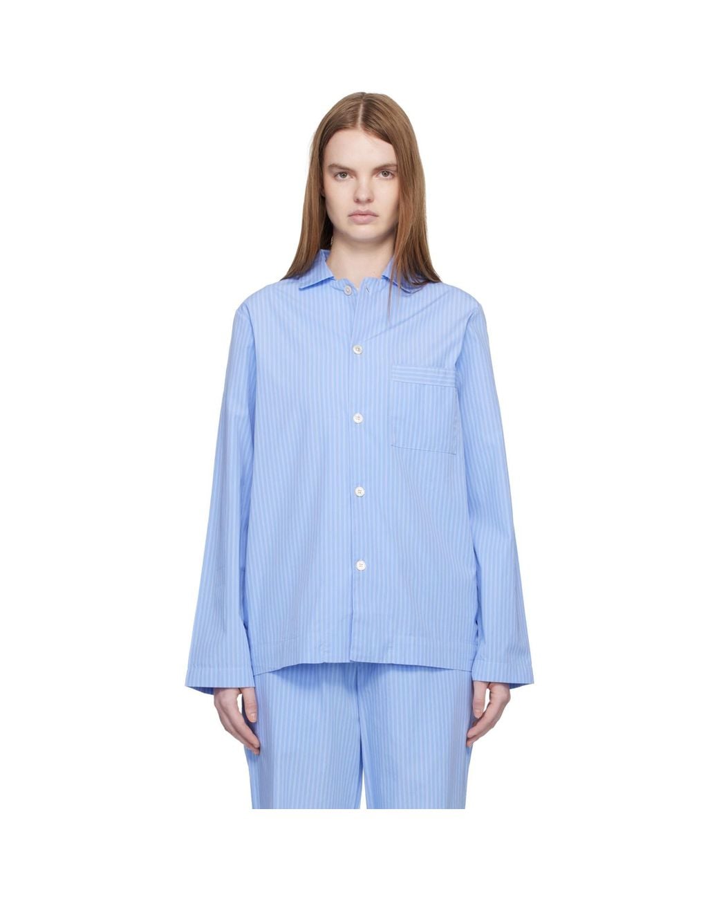Tekla Blue Poplin Long-Sleeved Pyjama Shirt