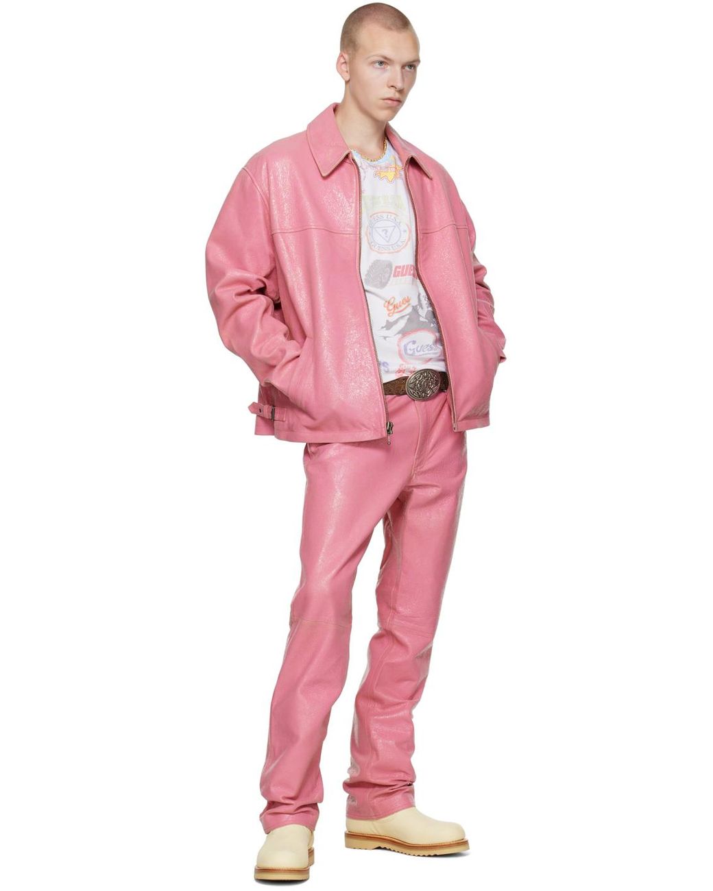 Guess Cracked Leather Jacket in Pink for Men Lyst UK