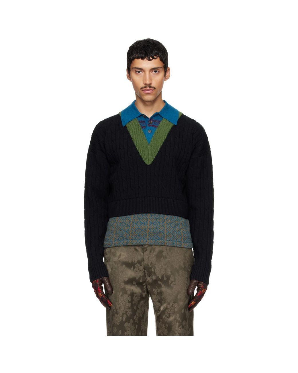 Dries Van Noten Black Layered Wool Polo for men