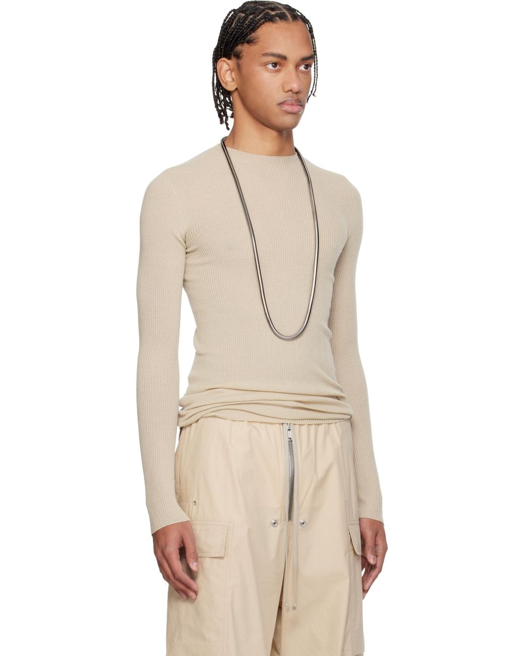 メンズ Rick Owens オフホワイト Temple リブ ラウンドネック セーター Natural