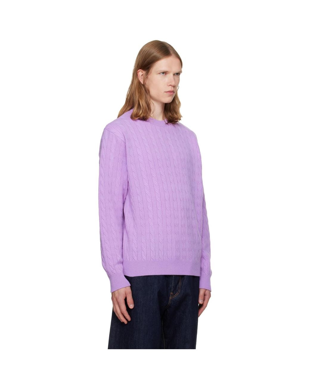 vowels Purple Cable Knit Crewneck Sweater for men