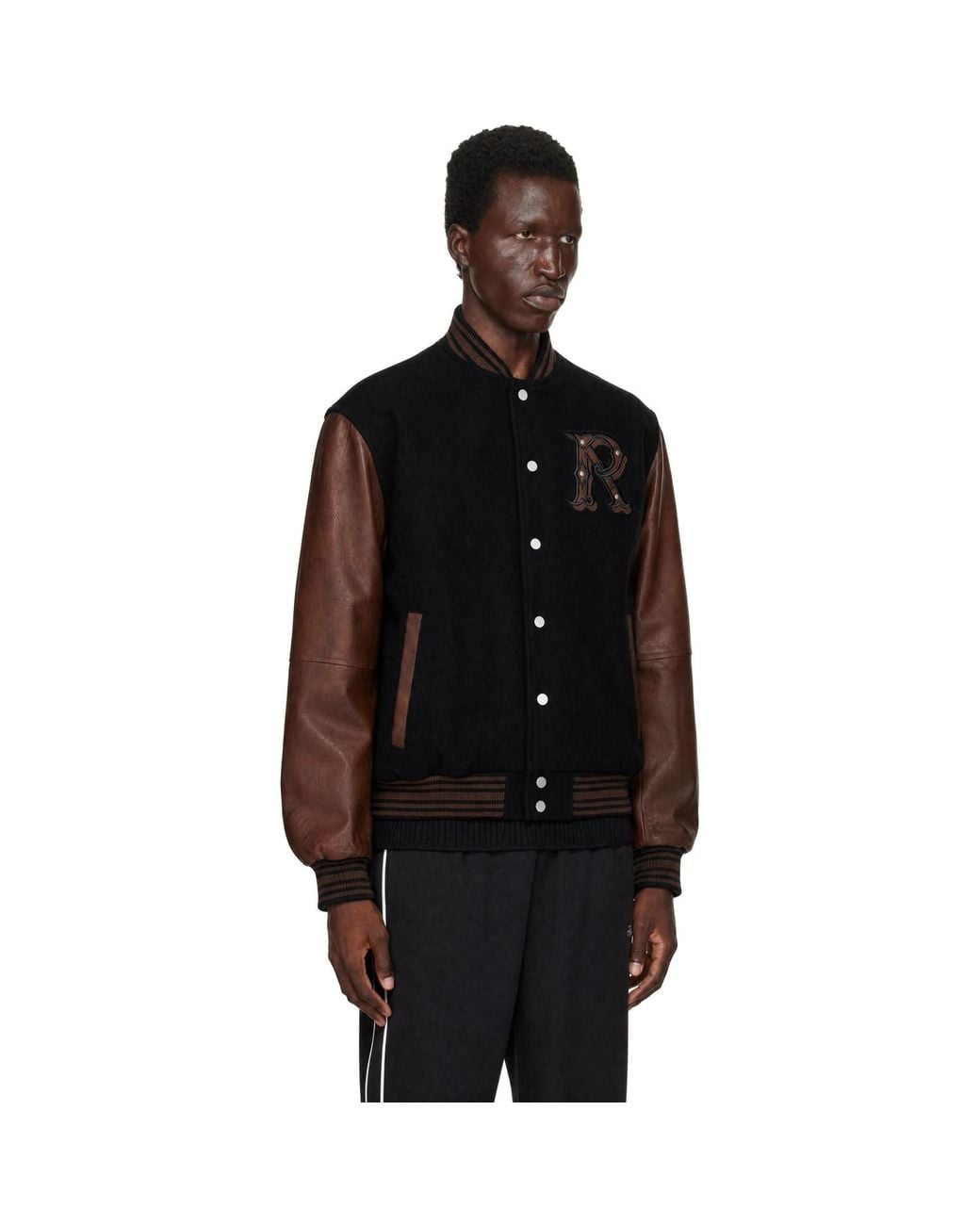 Represent Black Faux-Leather Varsity Bomber Jacket for men
