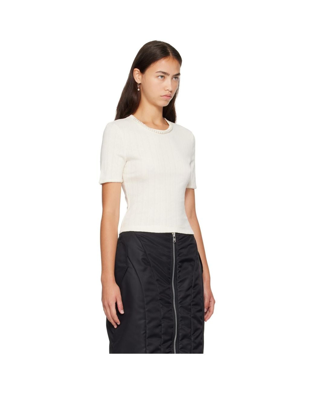 Simone Rocha White Off- Embellished Cropped Pointelle T-Shirt
