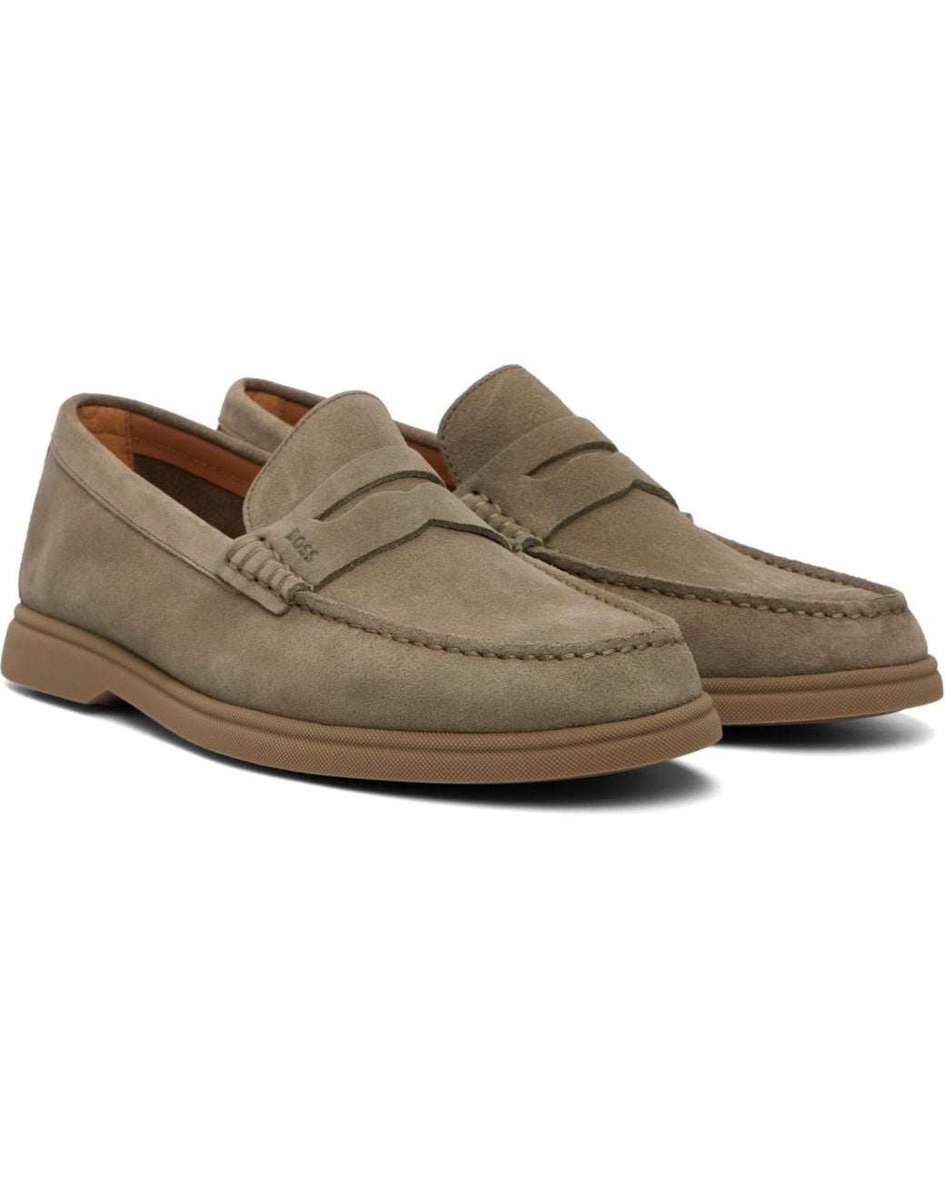 Boss Gray Khaki Suede Logo Penny Trim Loafers for men