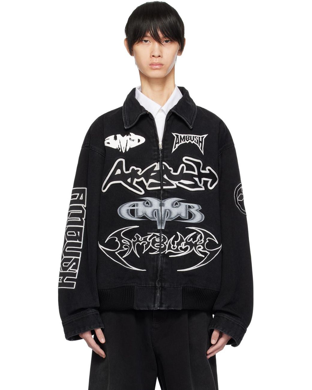 メンズ Ambush ロゴパッチ デニム ボンバージャケット ブラック メンズ Ambush ロゴパッチ デニム ボンバージャケット ブラック