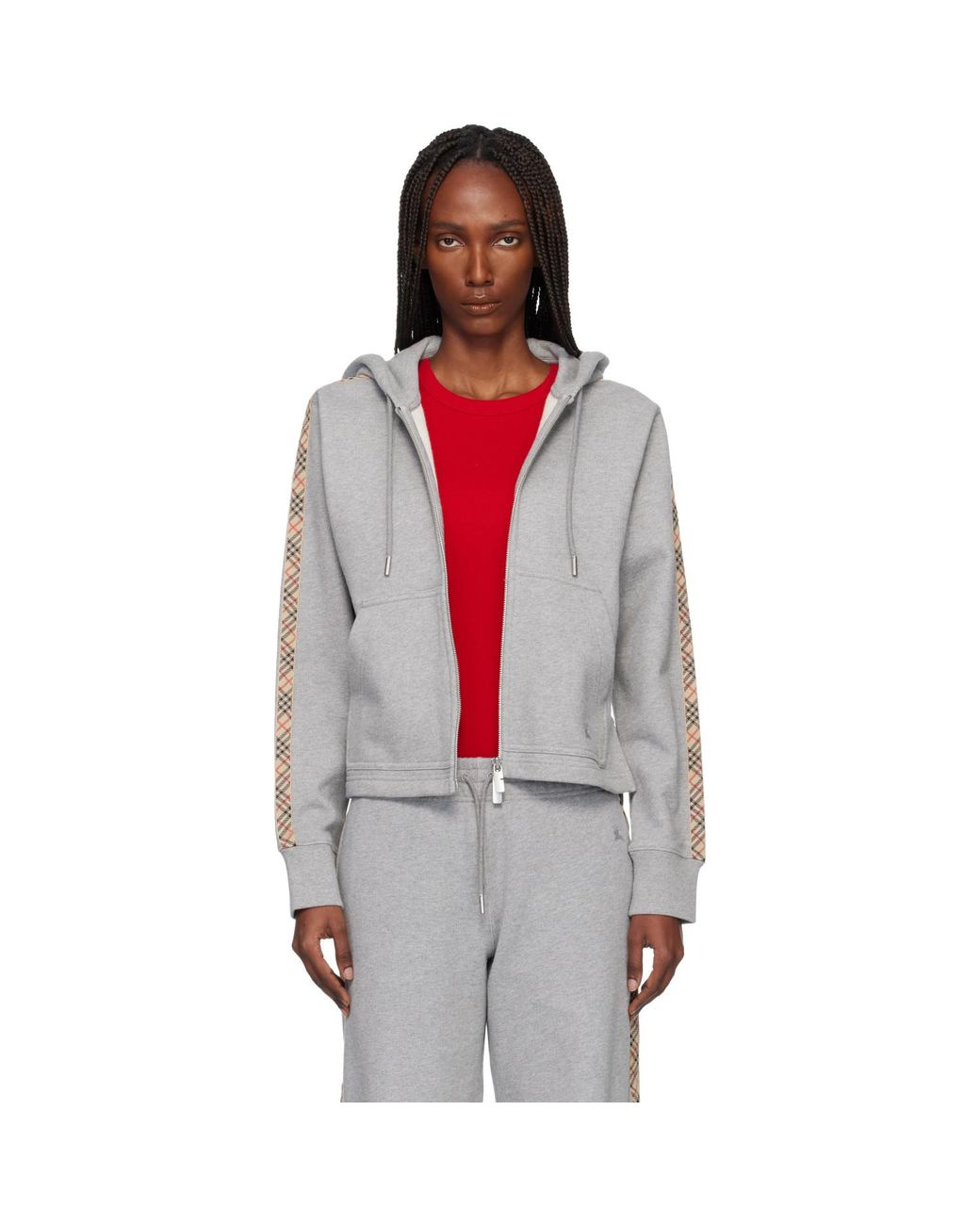 Burberry Black Check Trim Cotton Zip Hoodie
